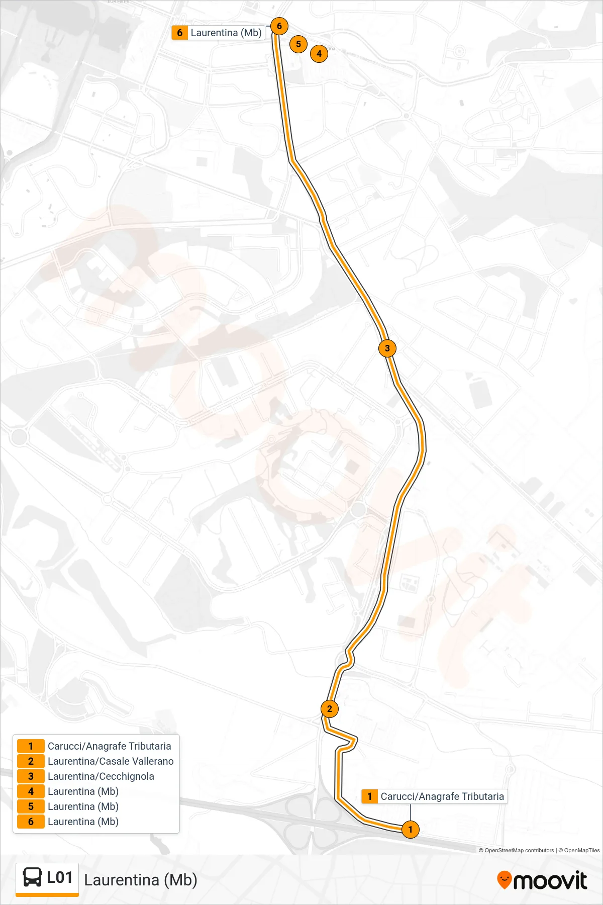 Linea L01 bus (Laurentina (Mb)) - Percorsi e fermate sulla mappa