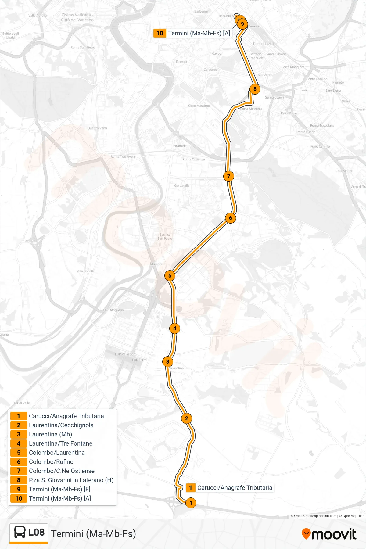 L08 bus Line (Termini (Metro A-Metro B-Railway)) route and stops on a map