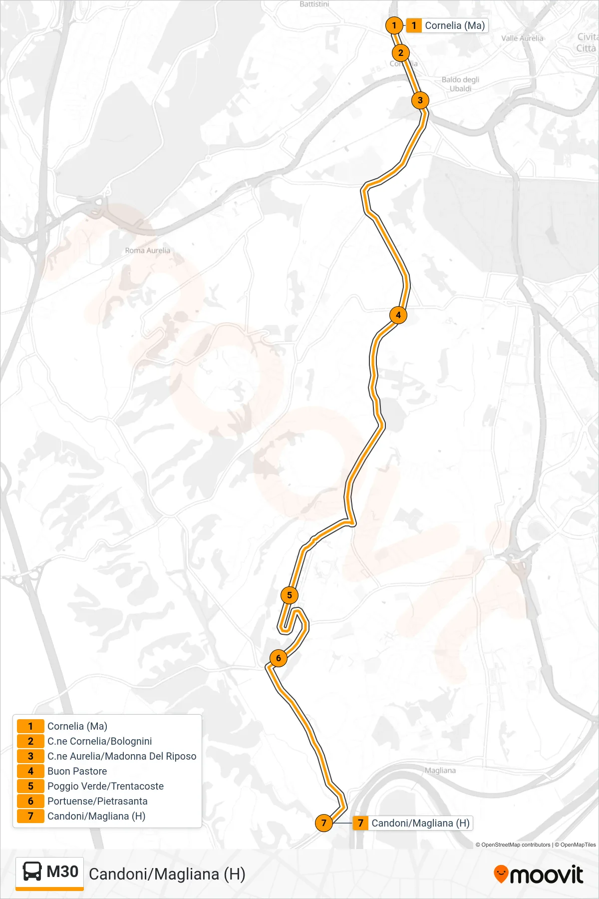 Linea M30 bus (Candoni/Magliana (H)) - Percorsi e fermate sulla mappa