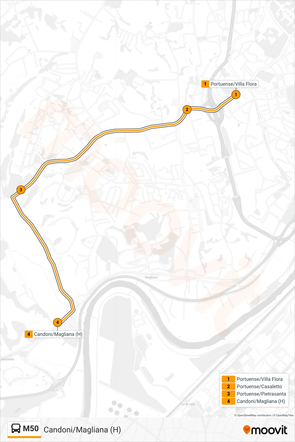 Linea M50 bus (Candoni/Magliana (H)) - Percorsi e fermate sulla mappa