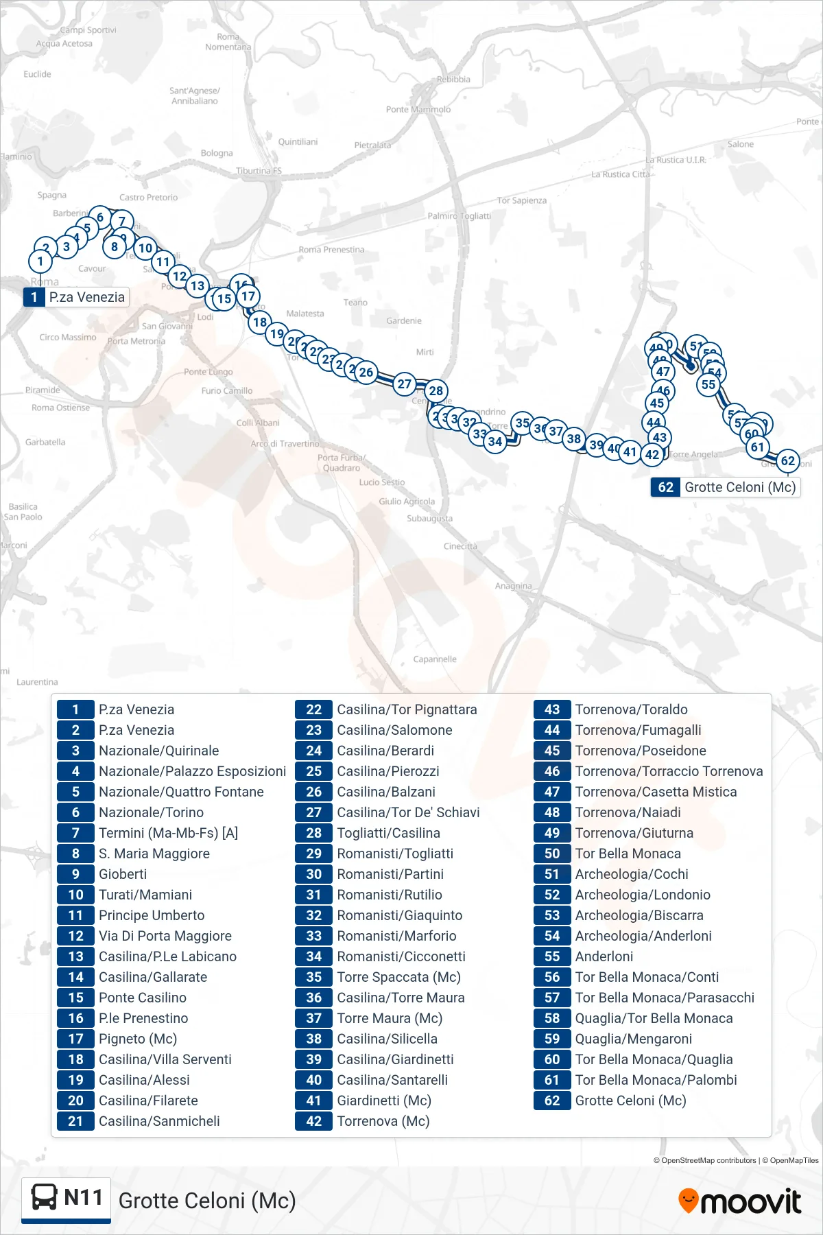 Linea N11 bus (Grotte Celoni (Mc)) - Percorsi e fermate sulla mappa
