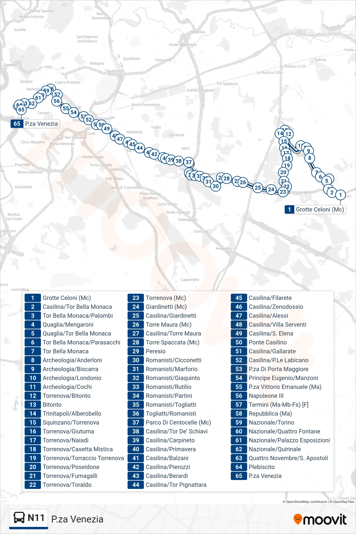 Linea N11 bus (P.za Venezia) - Percorsi e fermate sulla mappa