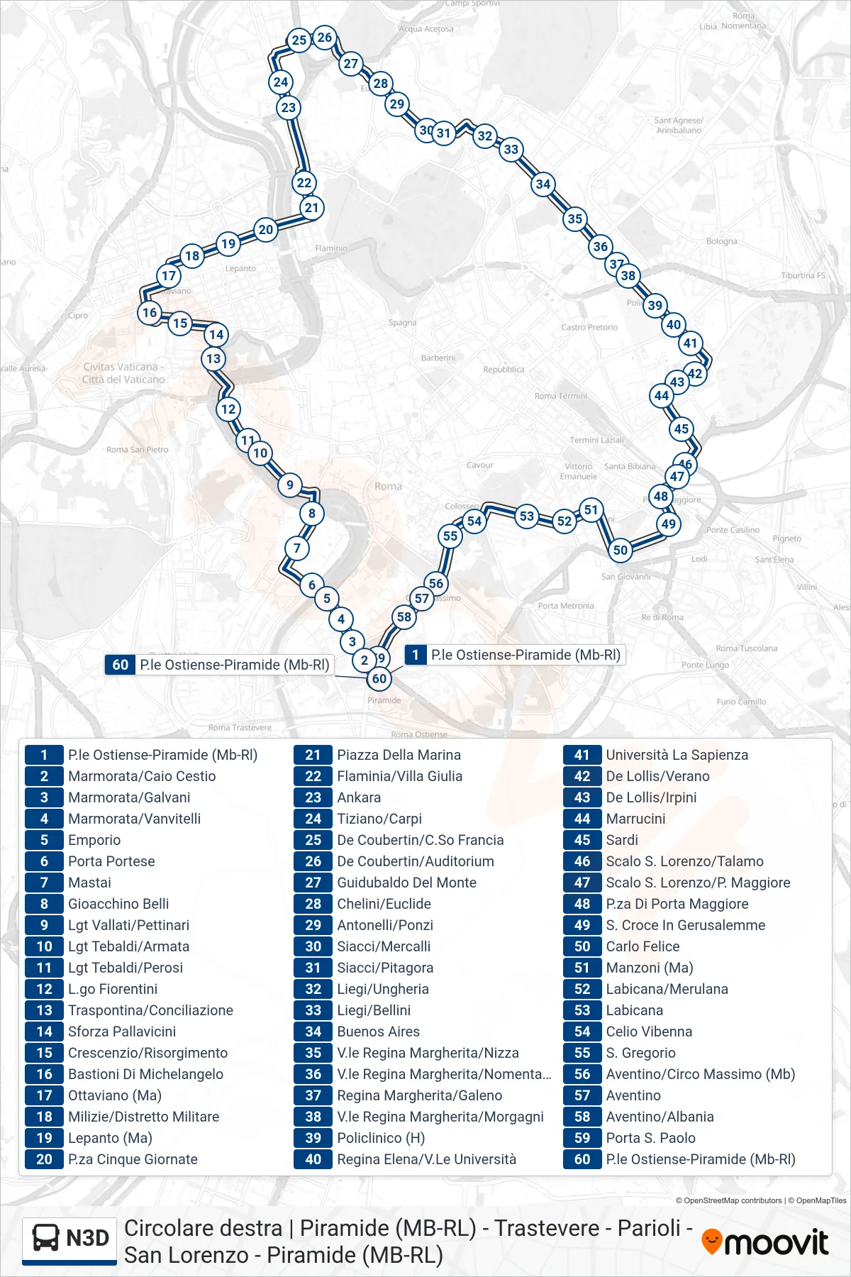 Linea N3D bus (P.le Ostiense-Piramide (Mb-Rl)) - Percorsi e fermate sulla mappa