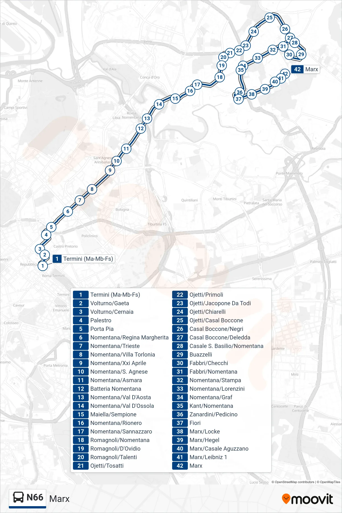 N66 bus Line (Marx) route and stops on a map