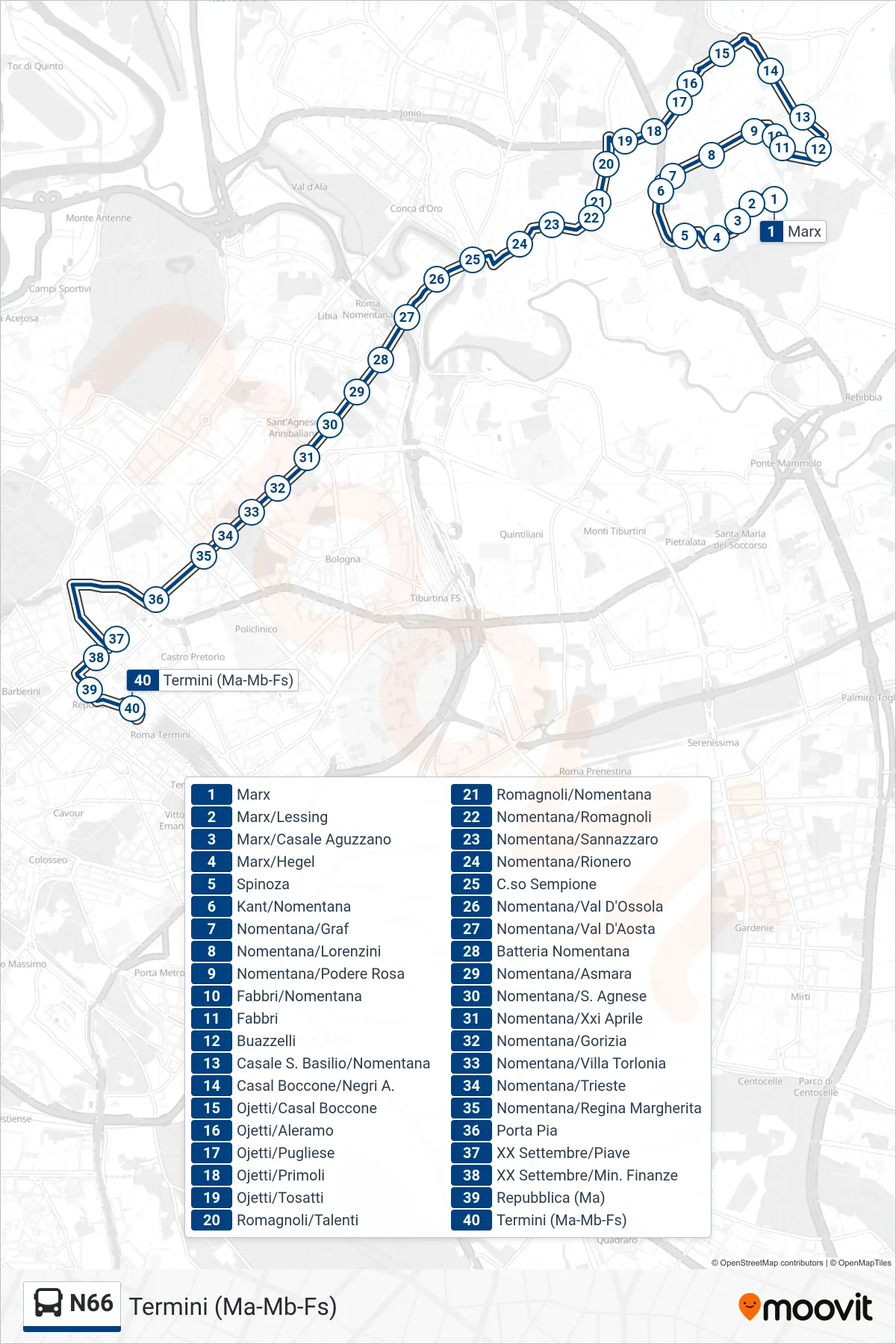 Linea N66 bus (Termini (Ma-Mb-Fs)) - Percorsi e fermate sulla mappa