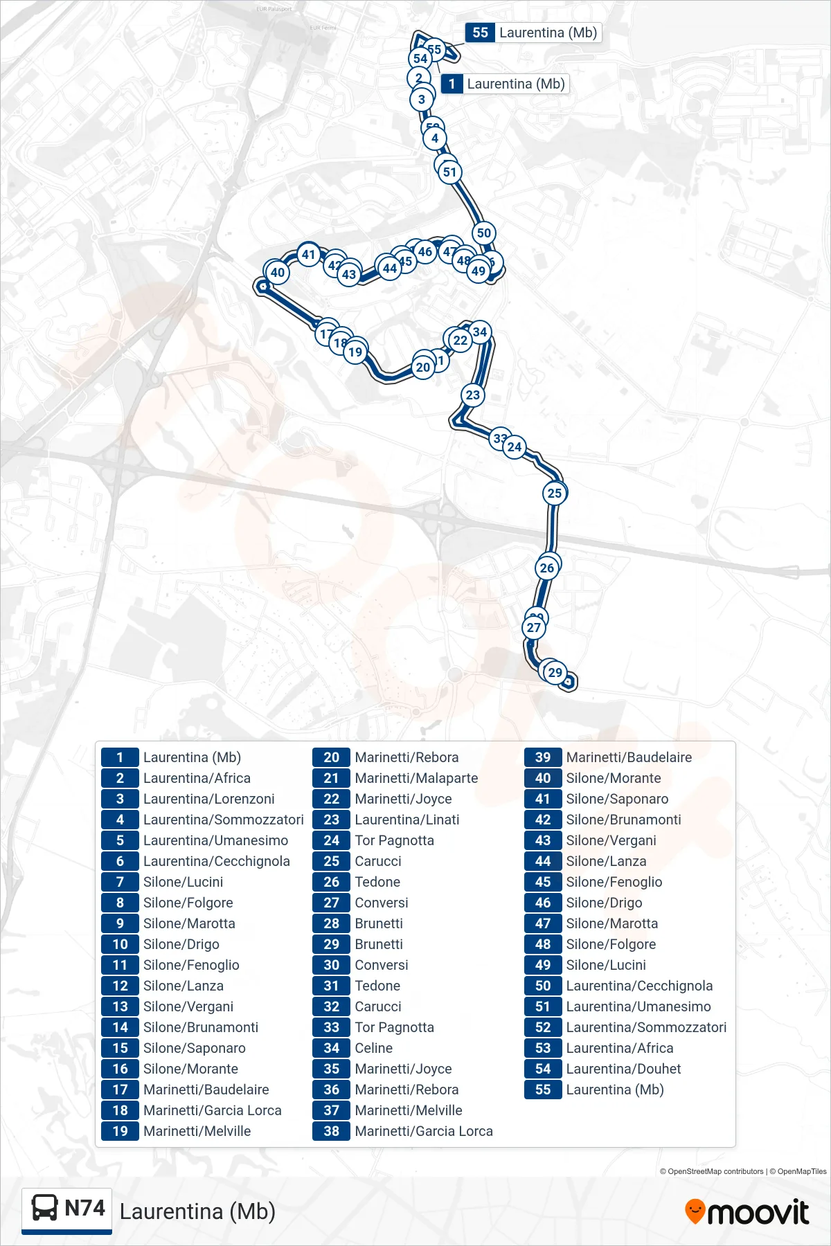 Linea N74  bus (Laurentina (Mb)) - Percorsi e fermate sulla mappa