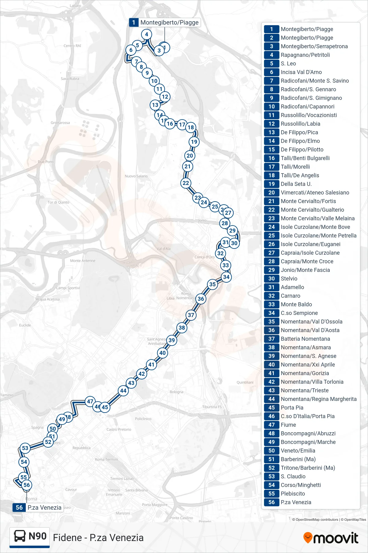 Linea N90 bus (P.za Venezia) - Percorsi e fermate sulla mappa