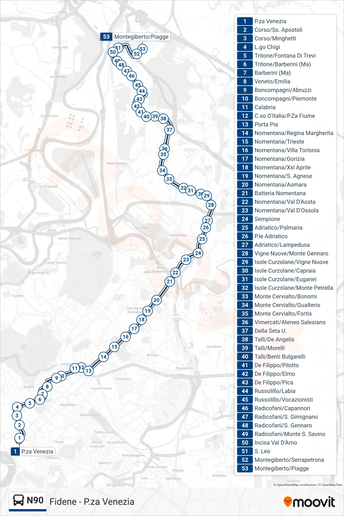 Linea N90 bus (Montegiberto/Piagge) - Percorsi e fermate sulla mappa