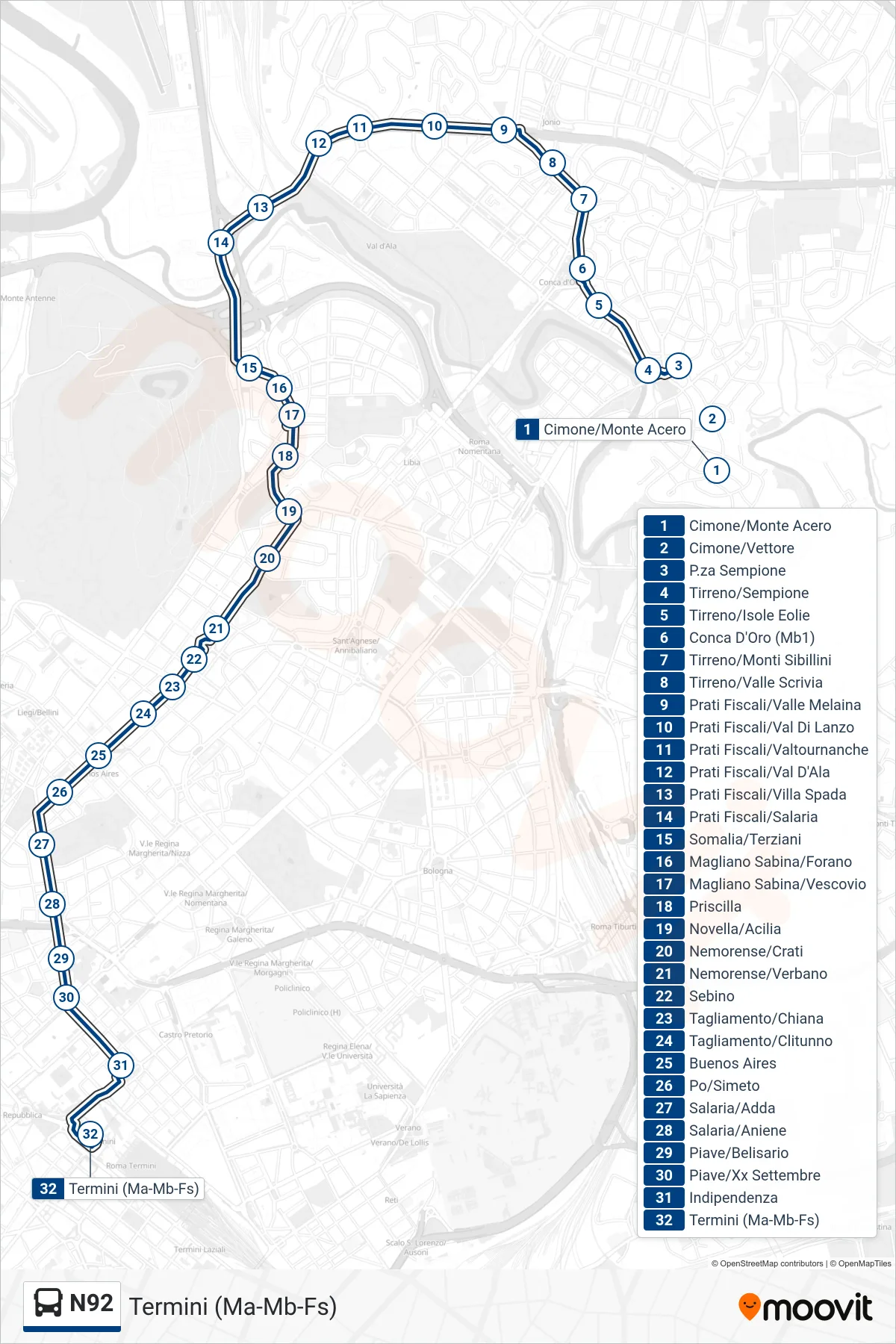 Linea N92 bus (Termini (Ma-Mb-Fs)) - Percorsi e fermate sulla mappa