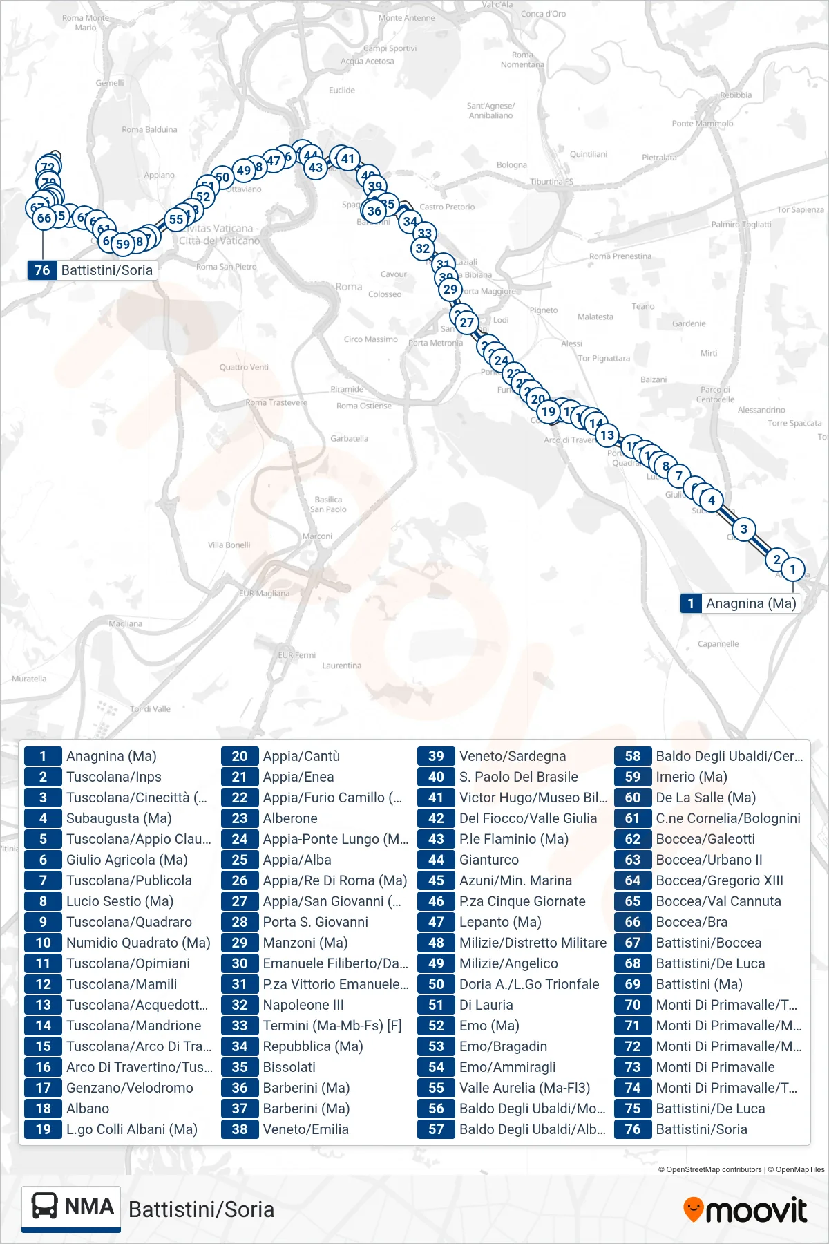 Linea NMA bus (Battistini/Soria) - Percorsi e fermate sulla mappa