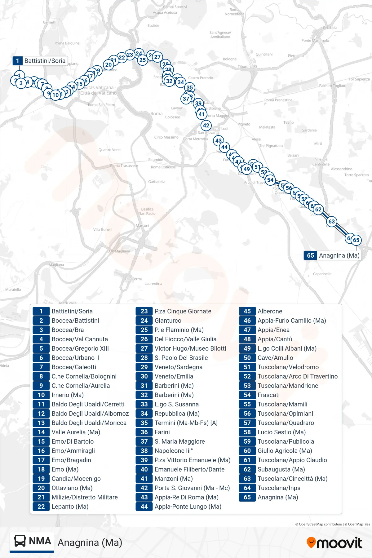 Linea NMA  bus (Anagnina (Ma)) - Percorsi e fermate sulla mappa