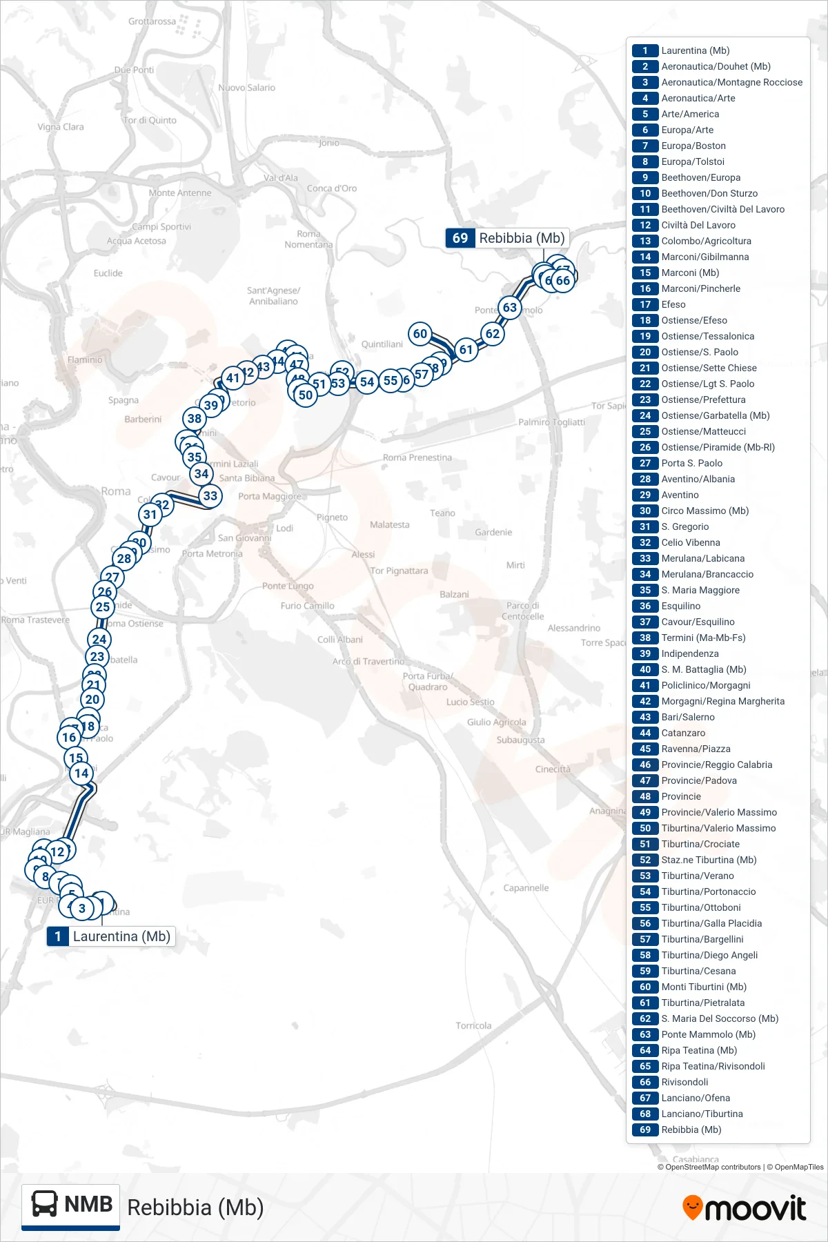 Linea NMB bus (Rebibbia (Mb)) - Percorsi e fermate sulla mappa