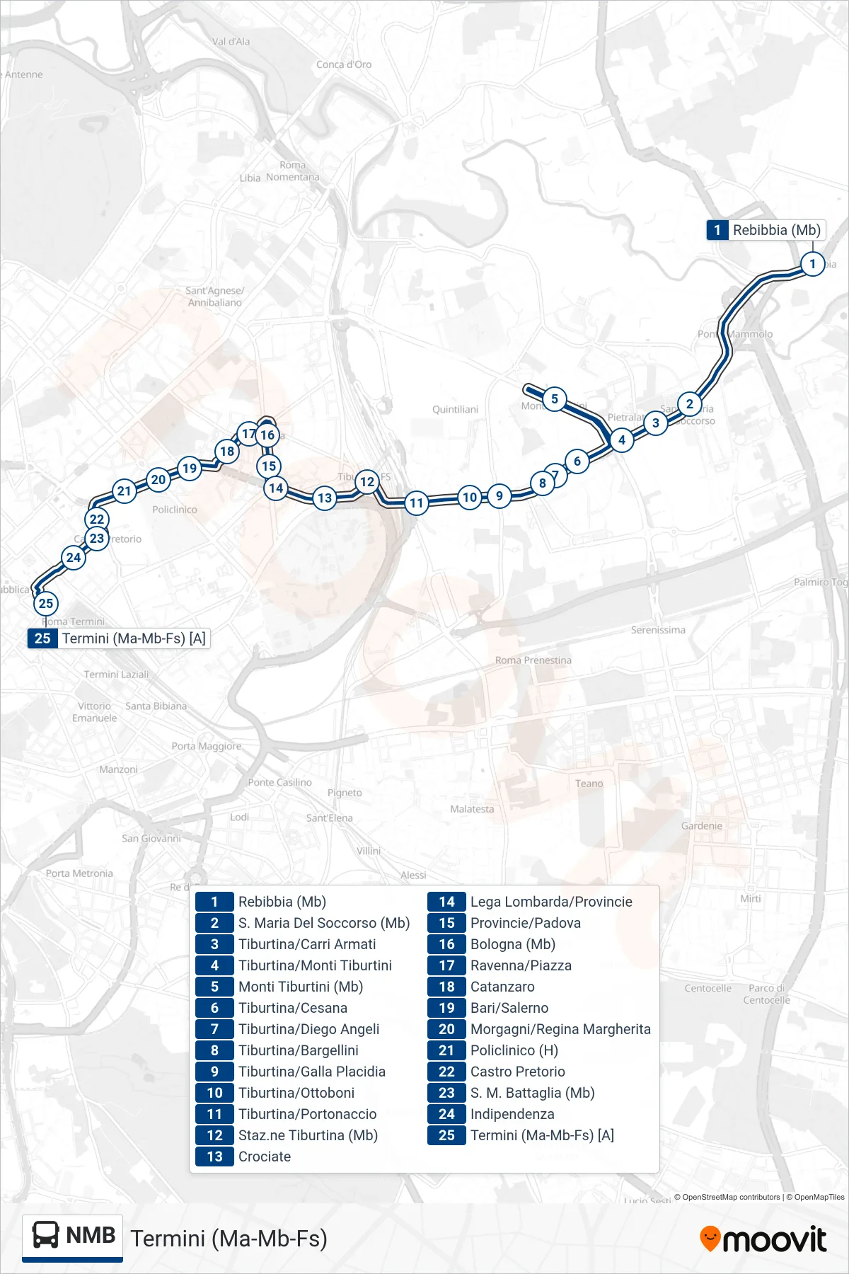 Linea NMB bus (Termini (Ma-Mb-Fs)) - Percorsi e fermate sulla mappa
