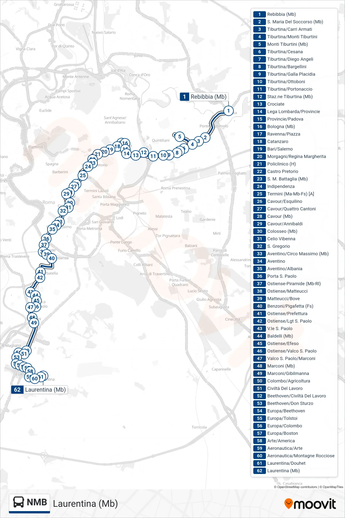 Linea NMB bus (Laurentina (Mb)) - Percorsi e fermate sulla mappa