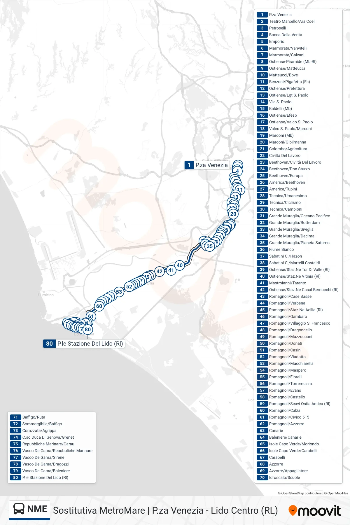 Linea NME  bus (P.le Stazione Del Lido (Rl)) - Percorsi e fermate sulla mappa