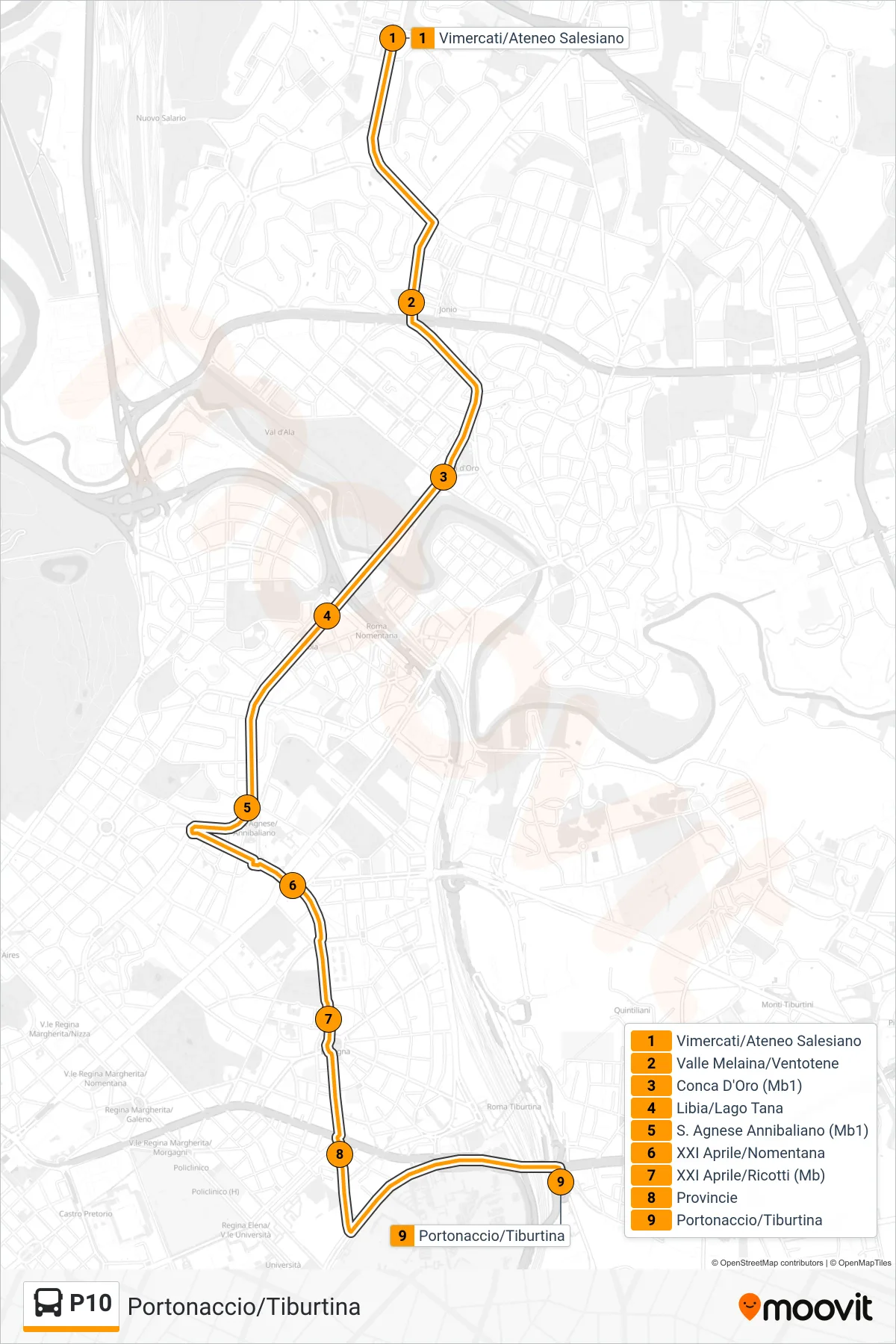Linea P10 bus (Portonaccio/Tiburtina) - Percorsi e fermate sulla mappa