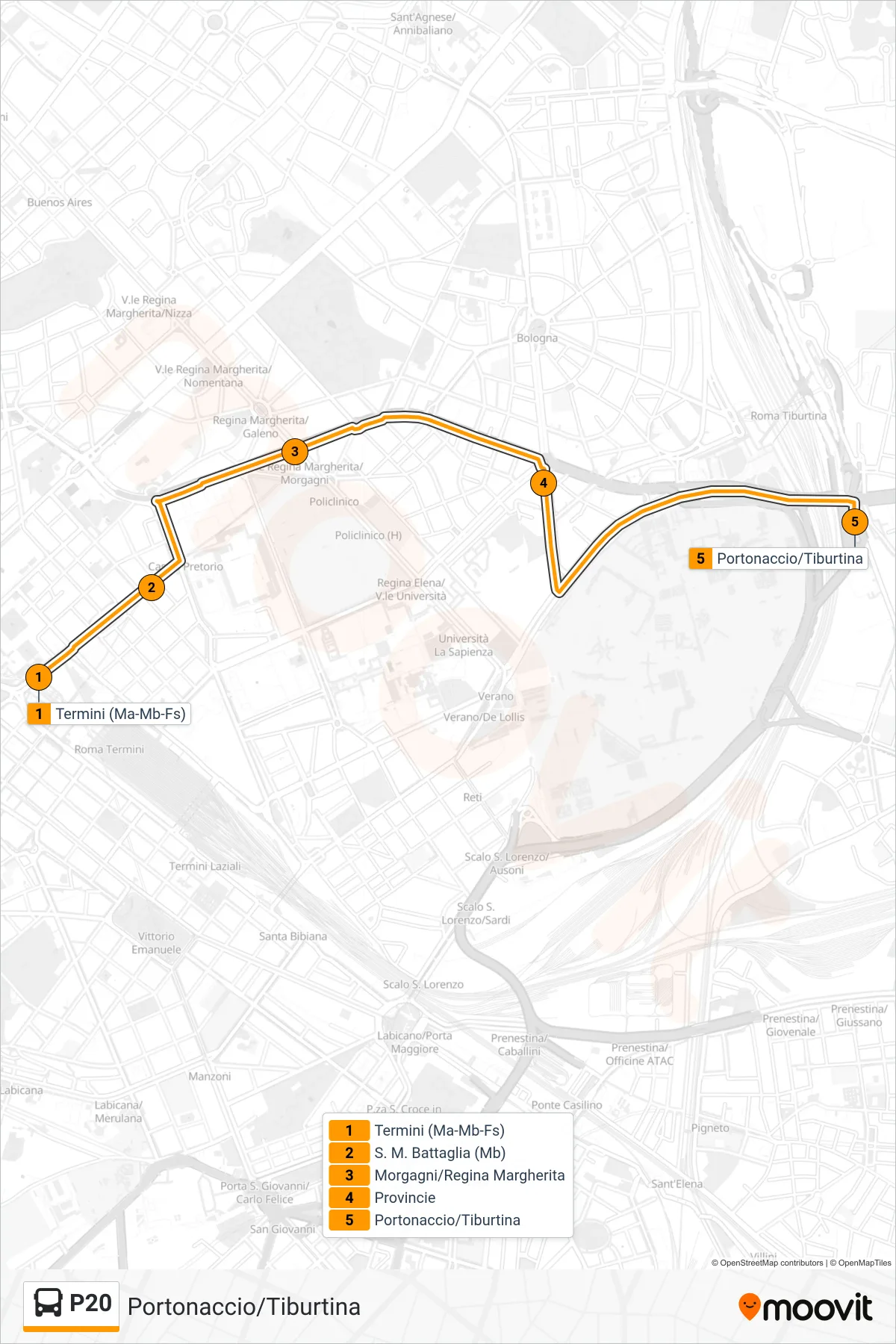 Linea P20 bus (Portonaccio/Tiburtina) - Percorsi e fermate sulla mappa