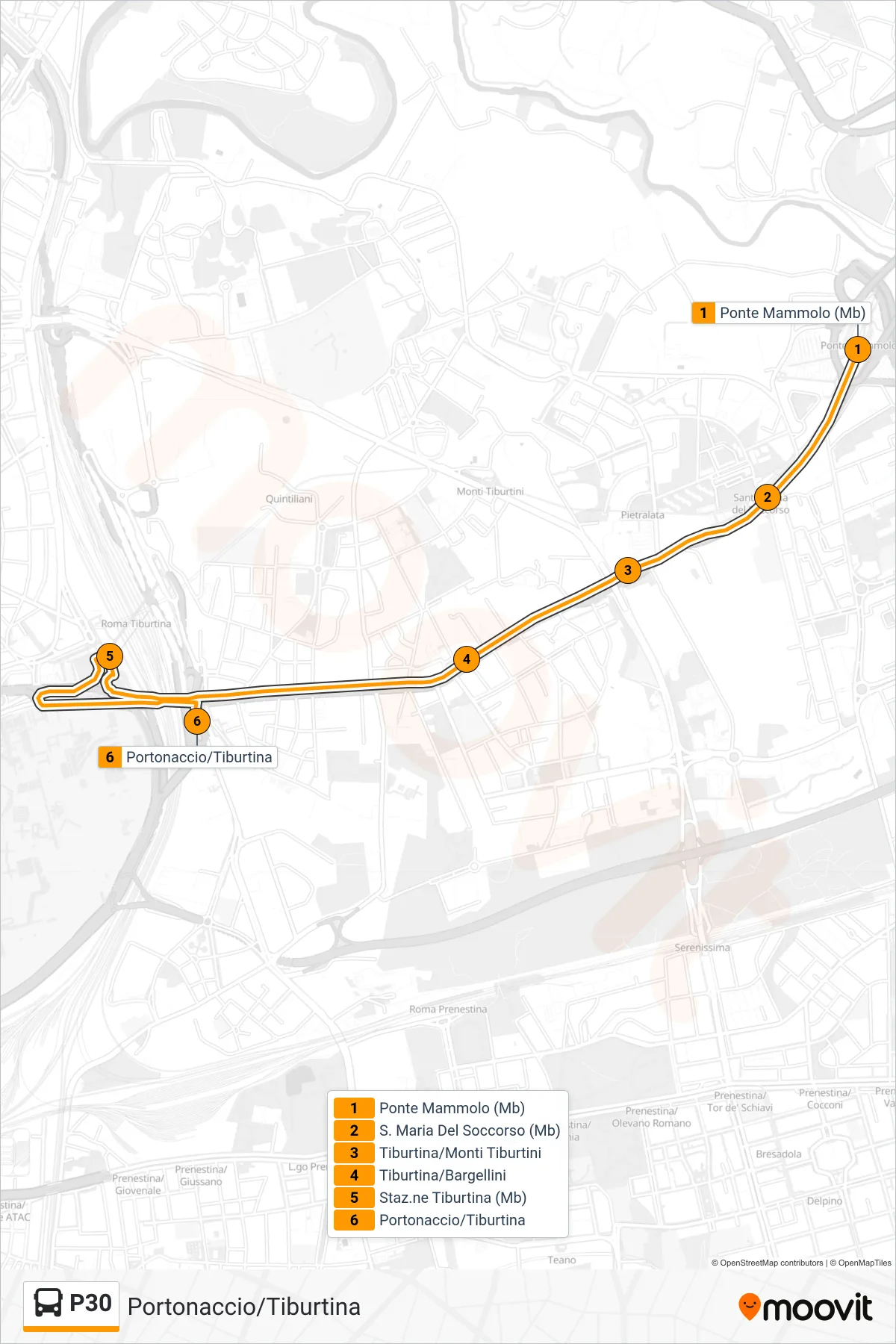 Linea P30 bus (Portonaccio/Tiburtina) - Percorsi e fermate sulla mappa