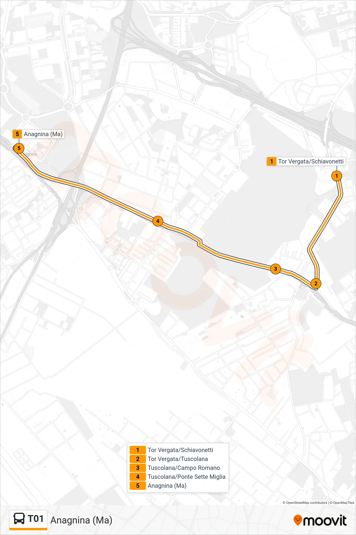 Linea T01 bus (Anagnina (Ma)) - Percorsi e fermate sulla mappa