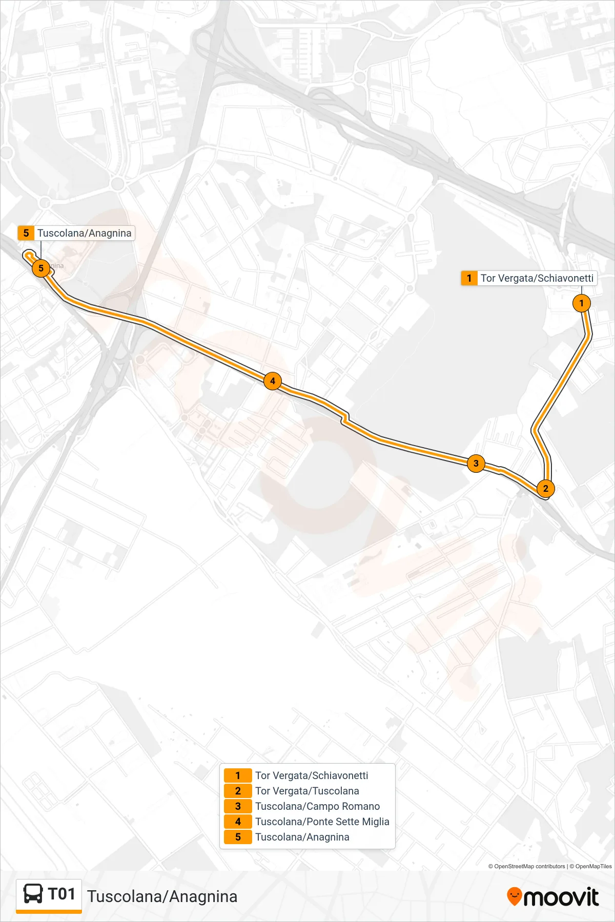 Linea T01 bus (Tuscolana/Anagnina) - Percorsi e fermate sulla mappa