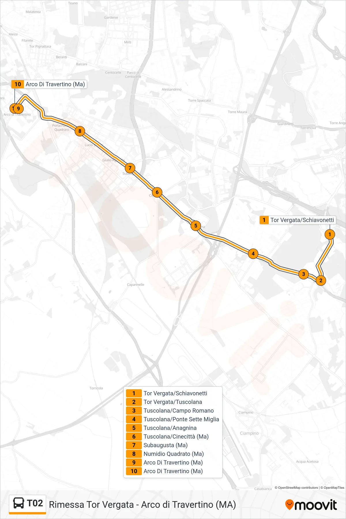 Linea T02 bus (Arco Di Travertino (Ma)) - Percorsi e fermate sulla mappa