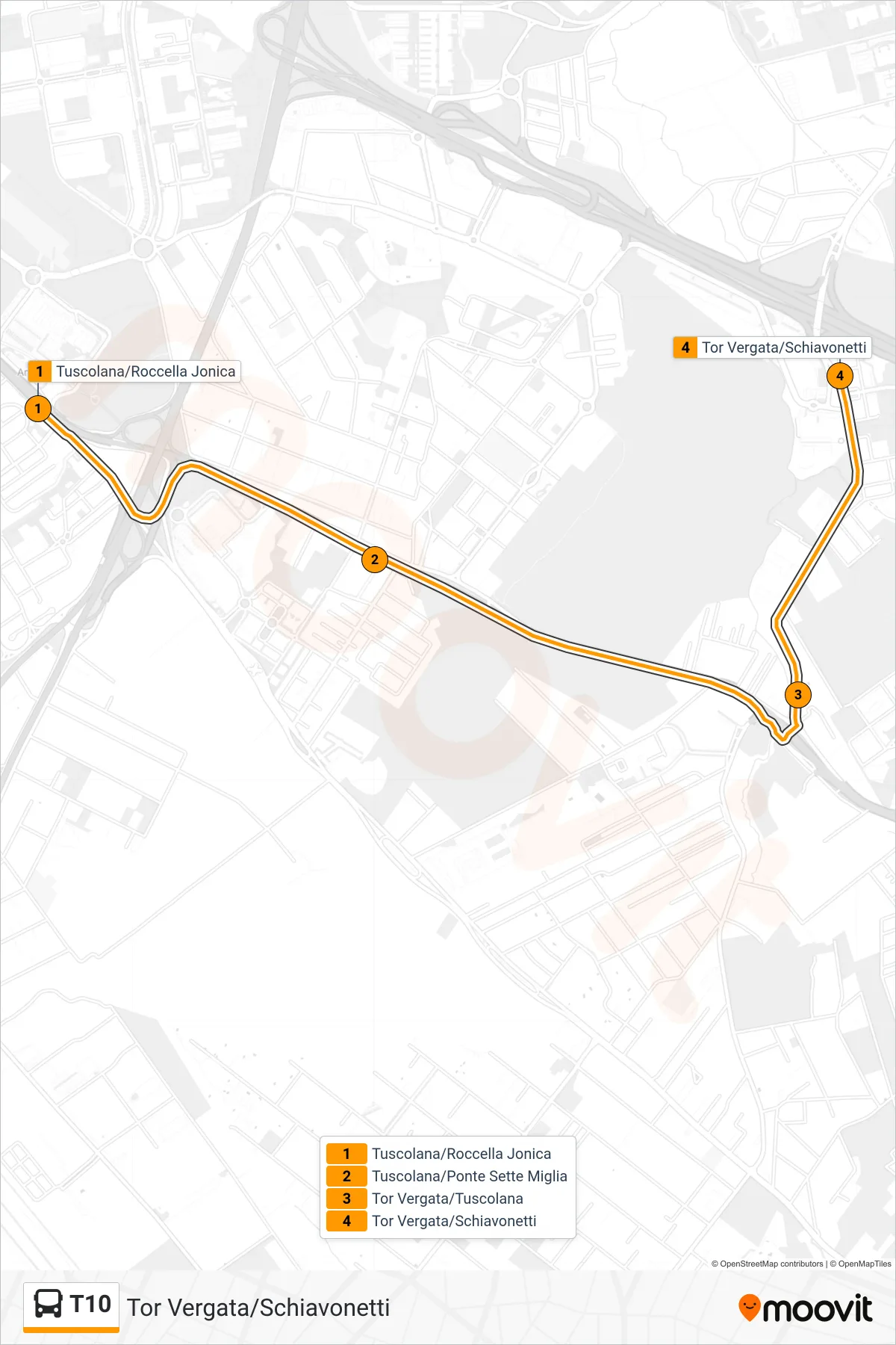 Linea T10 bus (Tor Vergata/Schiavonetti) - Percorsi e fermate sulla mappa