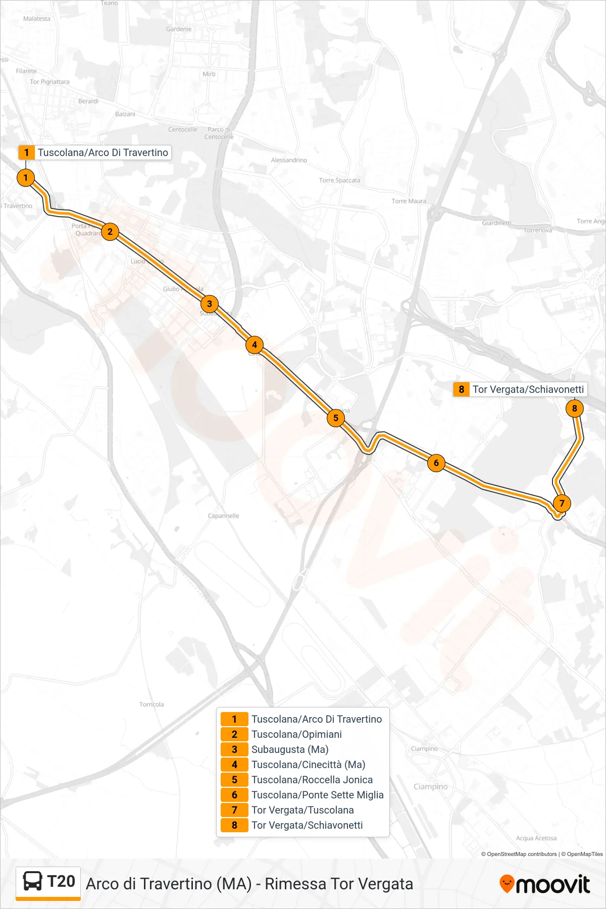 Linea T20 bus (Tor Vergata/Schiavonetti) - Percorsi e fermate sulla mappa
