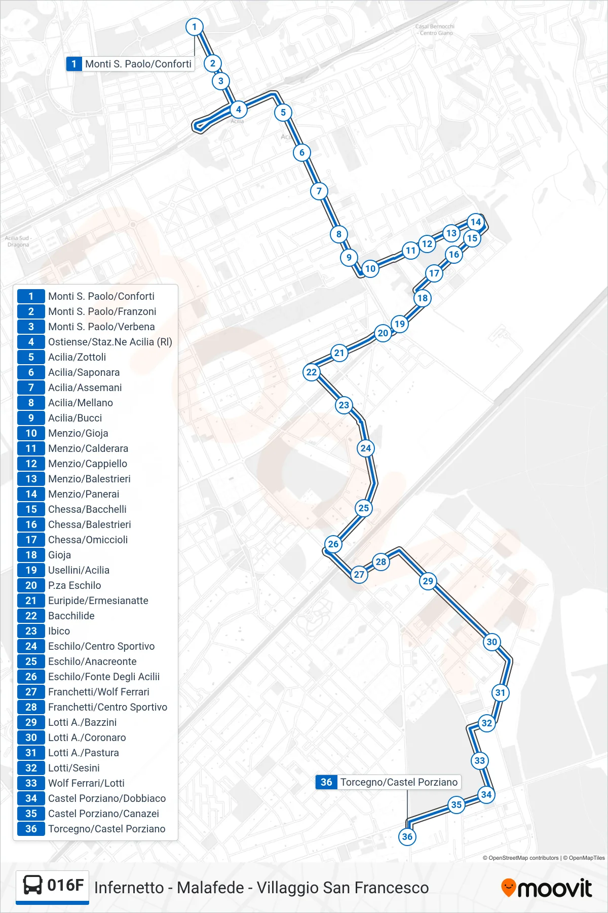 Linea 016F bus (Torcegno/Castel Porziano) - Percorsi e fermate sulla mappa