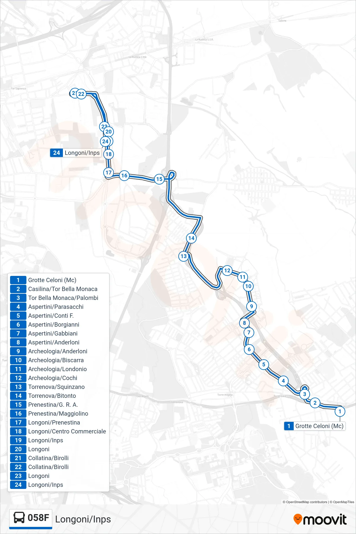 Linea 058F bus (Longoni/Inps) - Percorsi e fermate sulla mappa
