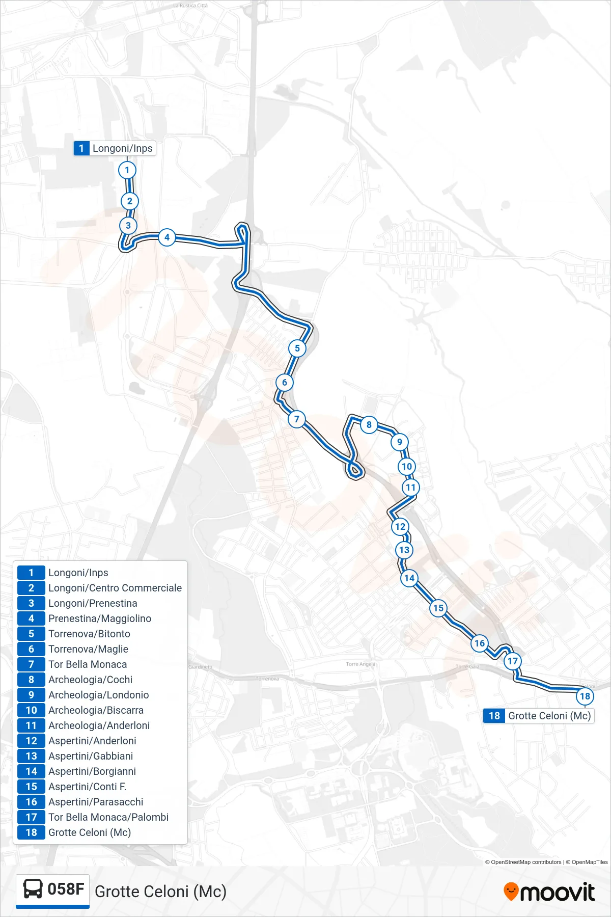 Linea 058F bus (Grotte Celoni (Mc)) - Percorsi e fermate sulla mappa