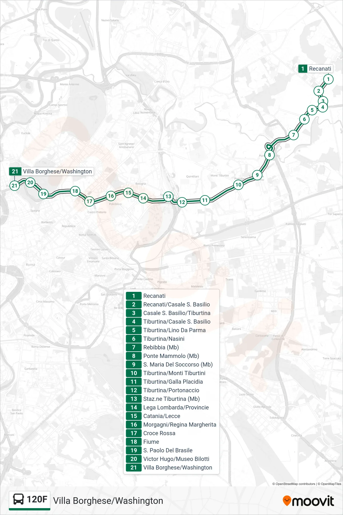 Linea 120F bus (Villa Borghese/Washington) - Percorsi e fermate sulla mappa