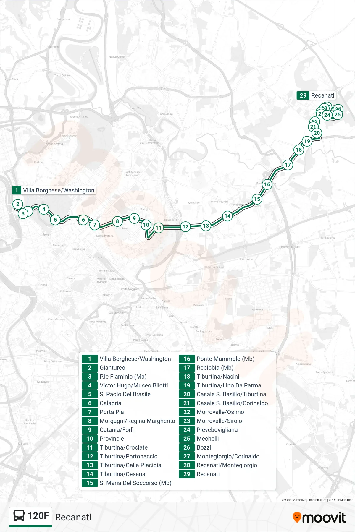 120F bus Line (Recanati) route and stops on a map