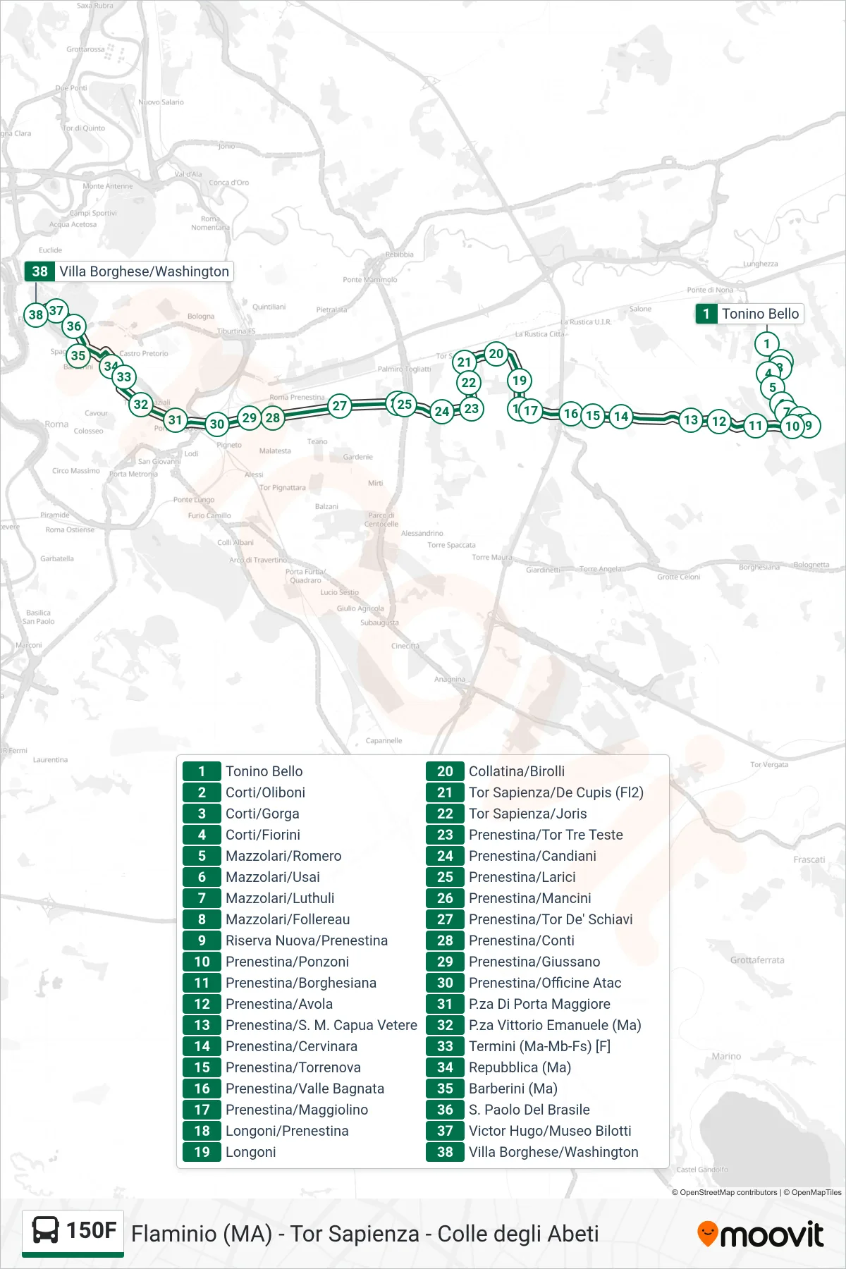 150F bus Line (Villa Borghese/Washington) route and stops on a map