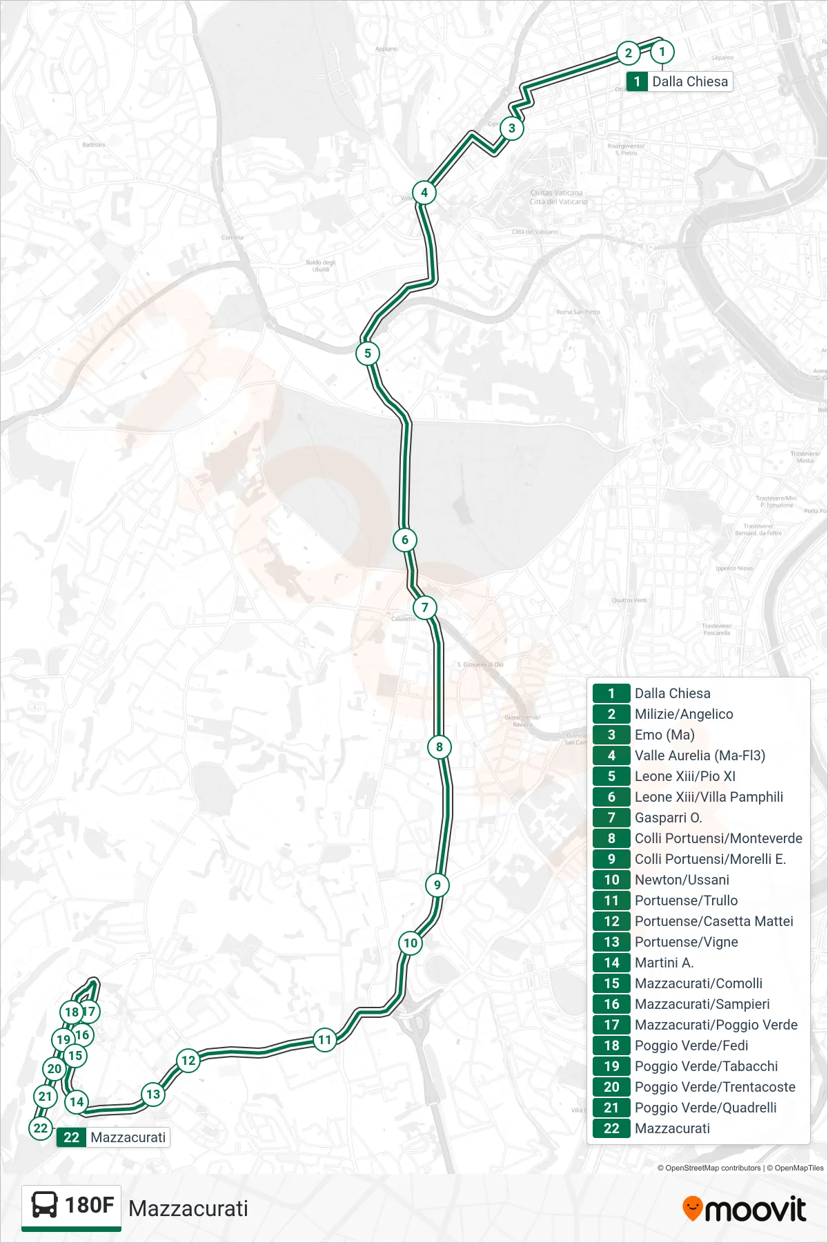 180F bus Line (Mazzacurati) route and stops on a map