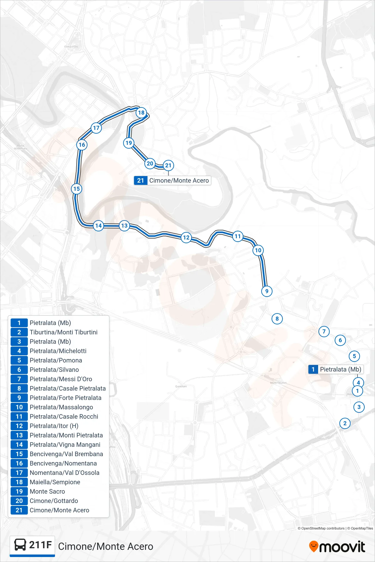 Linea 211F bus (Cimone/Monte Acero) - Percorsi e fermate sulla mappa