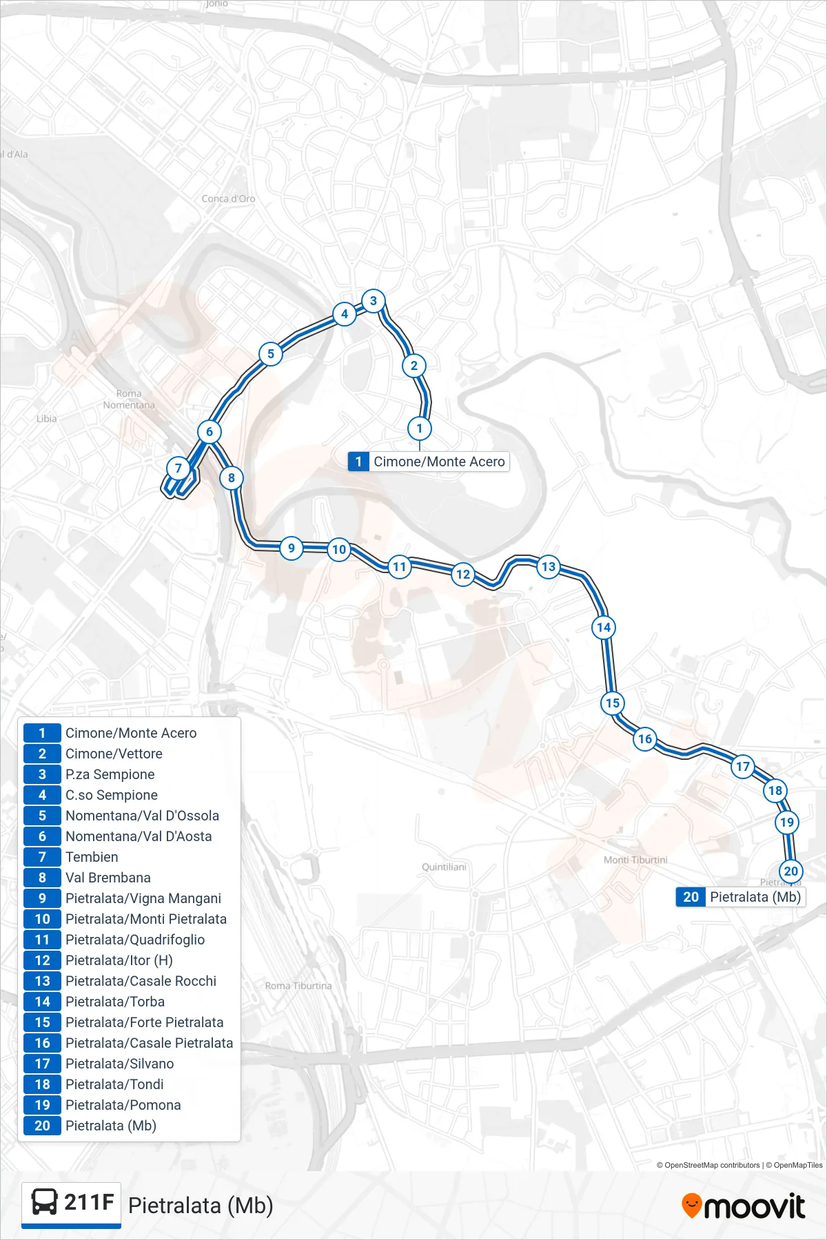 211F bus Line (Pietralata (Metro B)) route and stops on a map