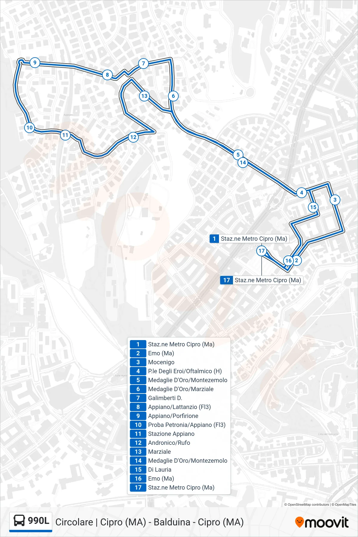 Linea 990L bus (Staz.ne Metro Cipro (Ma)) - Percorsi e fermate sulla mappa