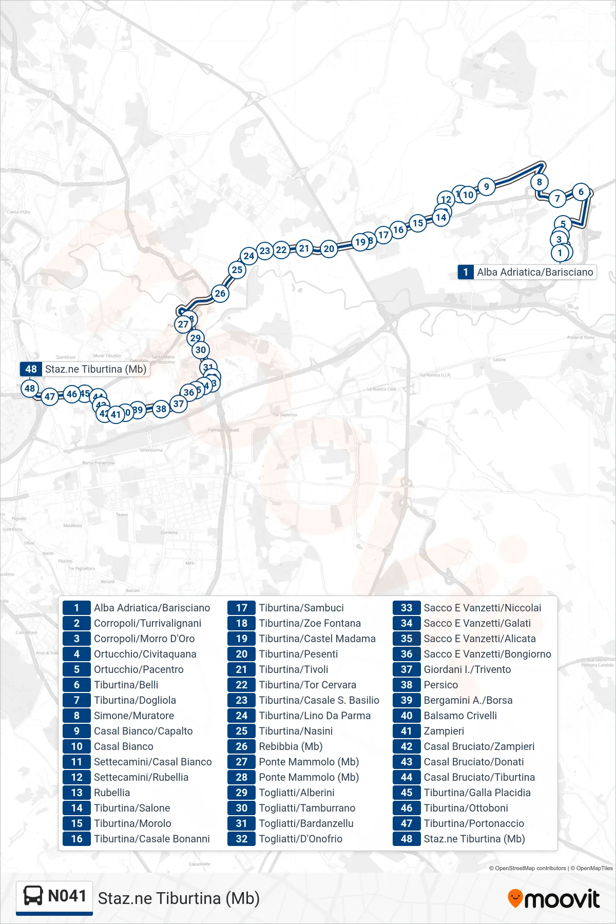 Linea N041 bus (Staz.ne Tiburtina (Mb)) - Percorsi e fermate sulla mappa