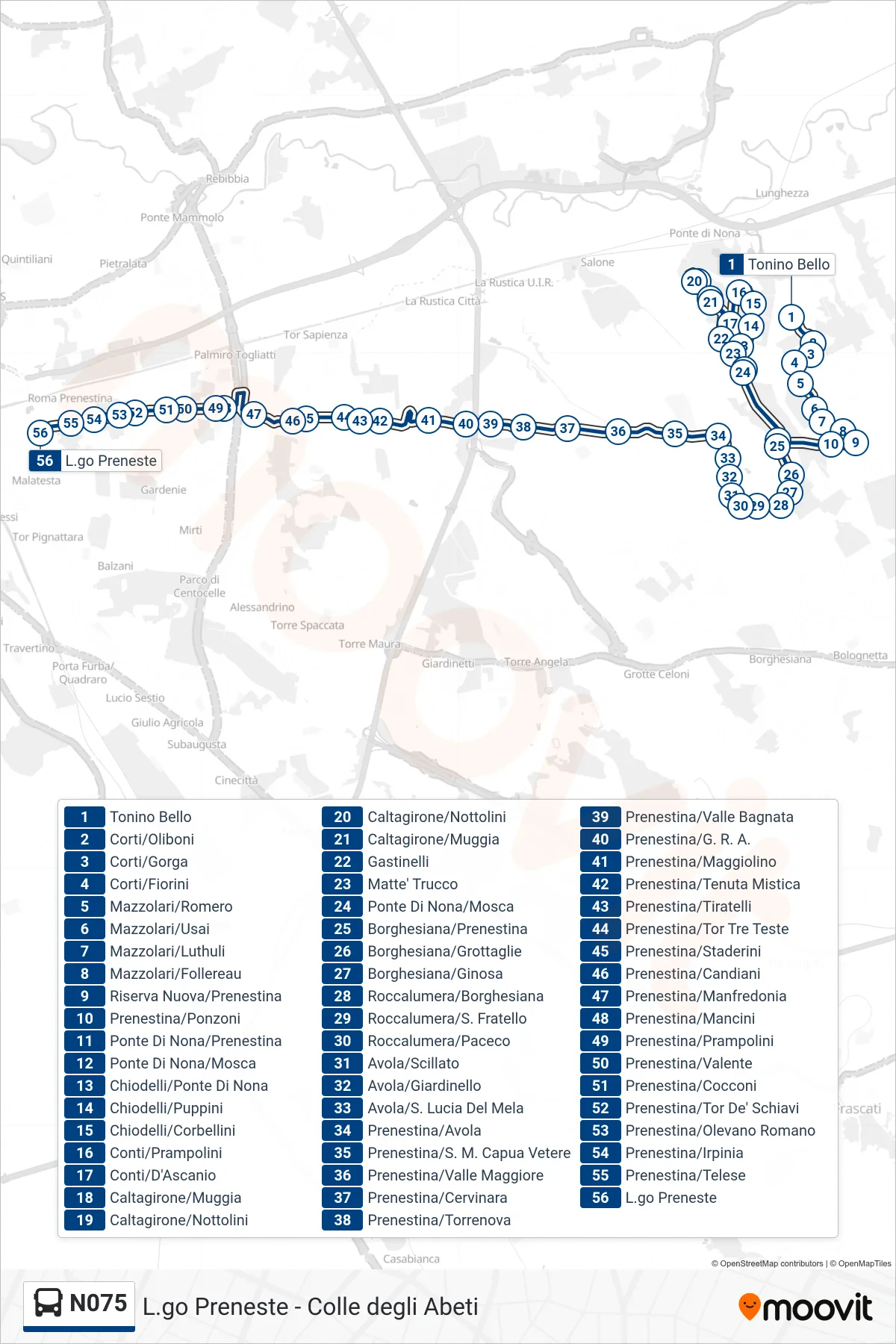 Linea N075 bus (L.go Preneste) - Percorsi e fermate sulla mappa