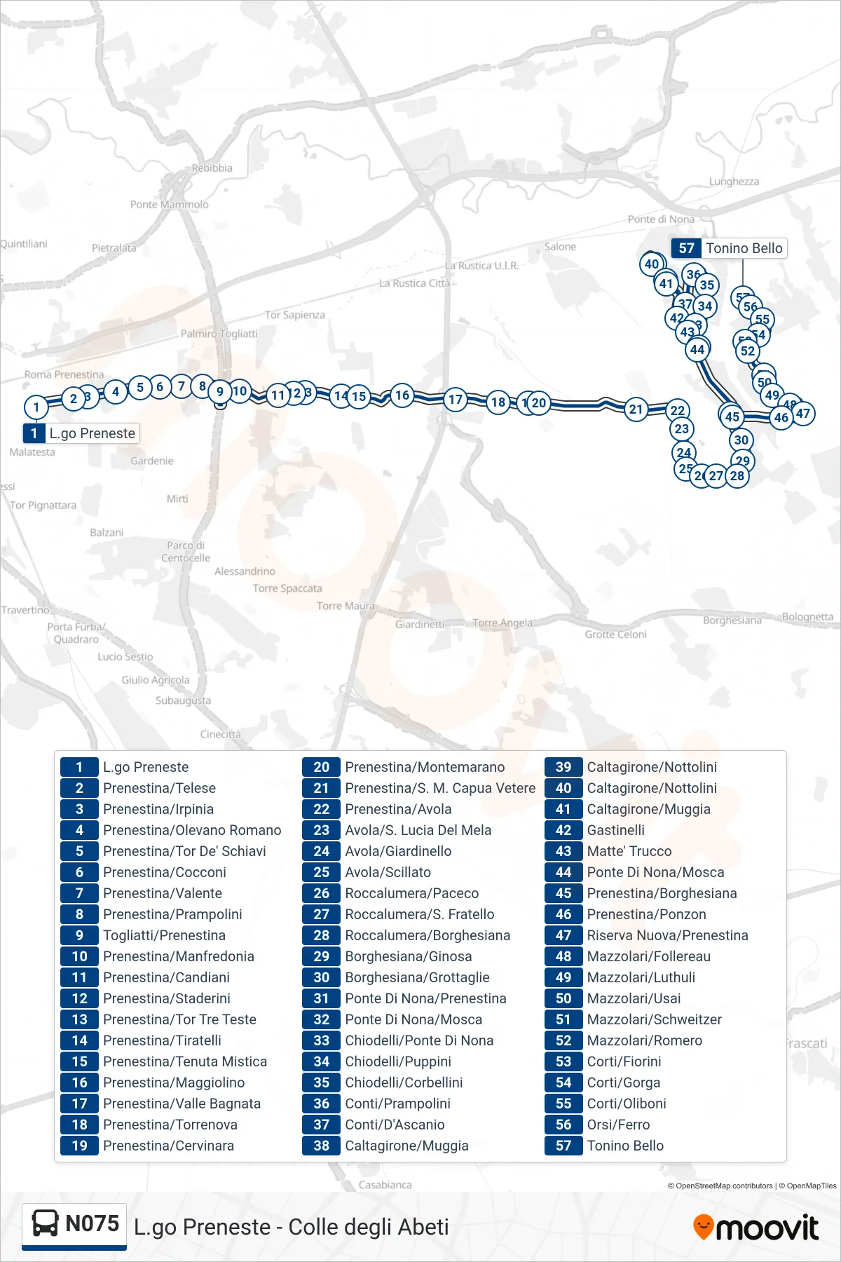 N075 bus Line (Tonino Bello) route and stops on a map