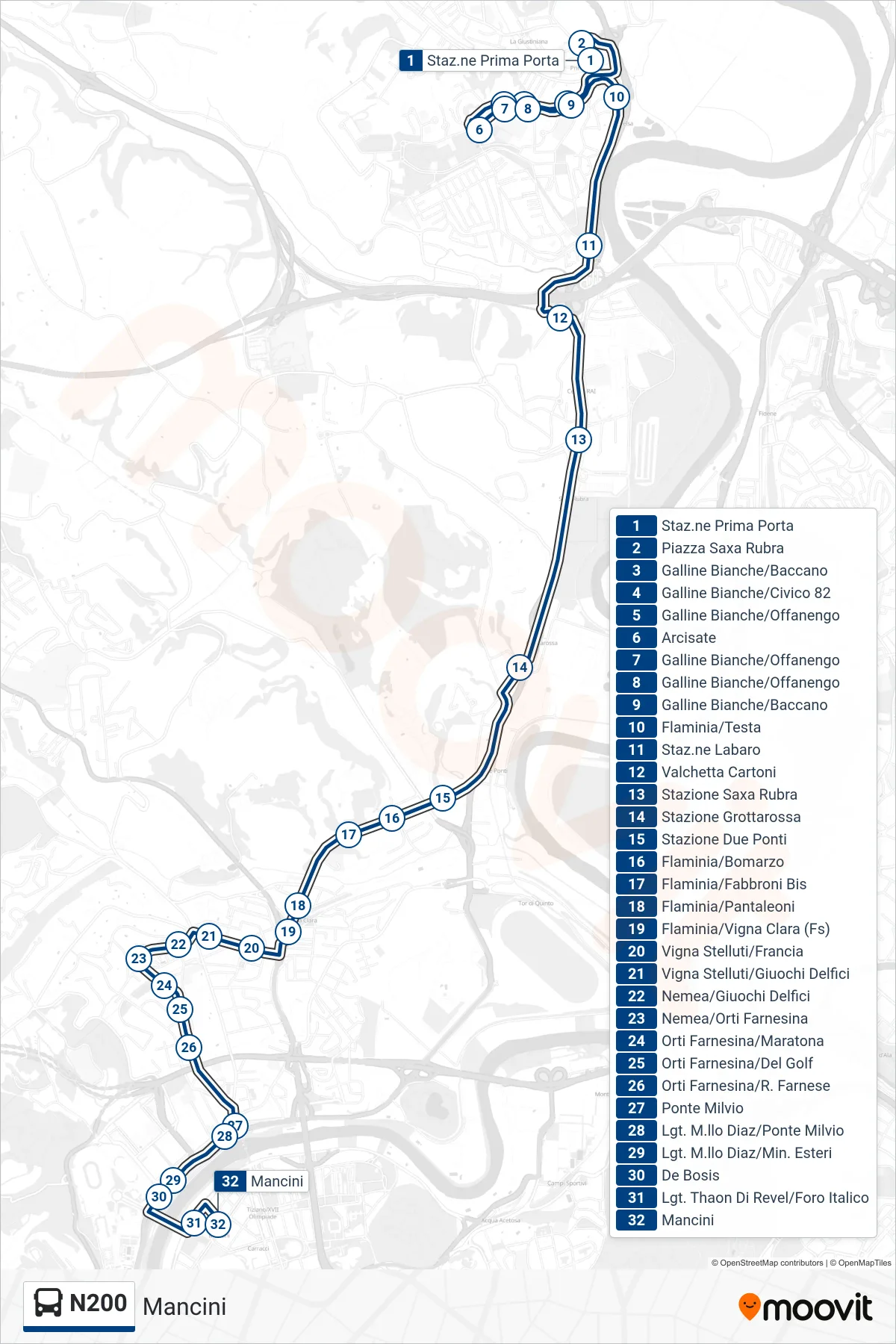 Linea N200 bus (Mancini) - Percorsi e fermate sulla mappa