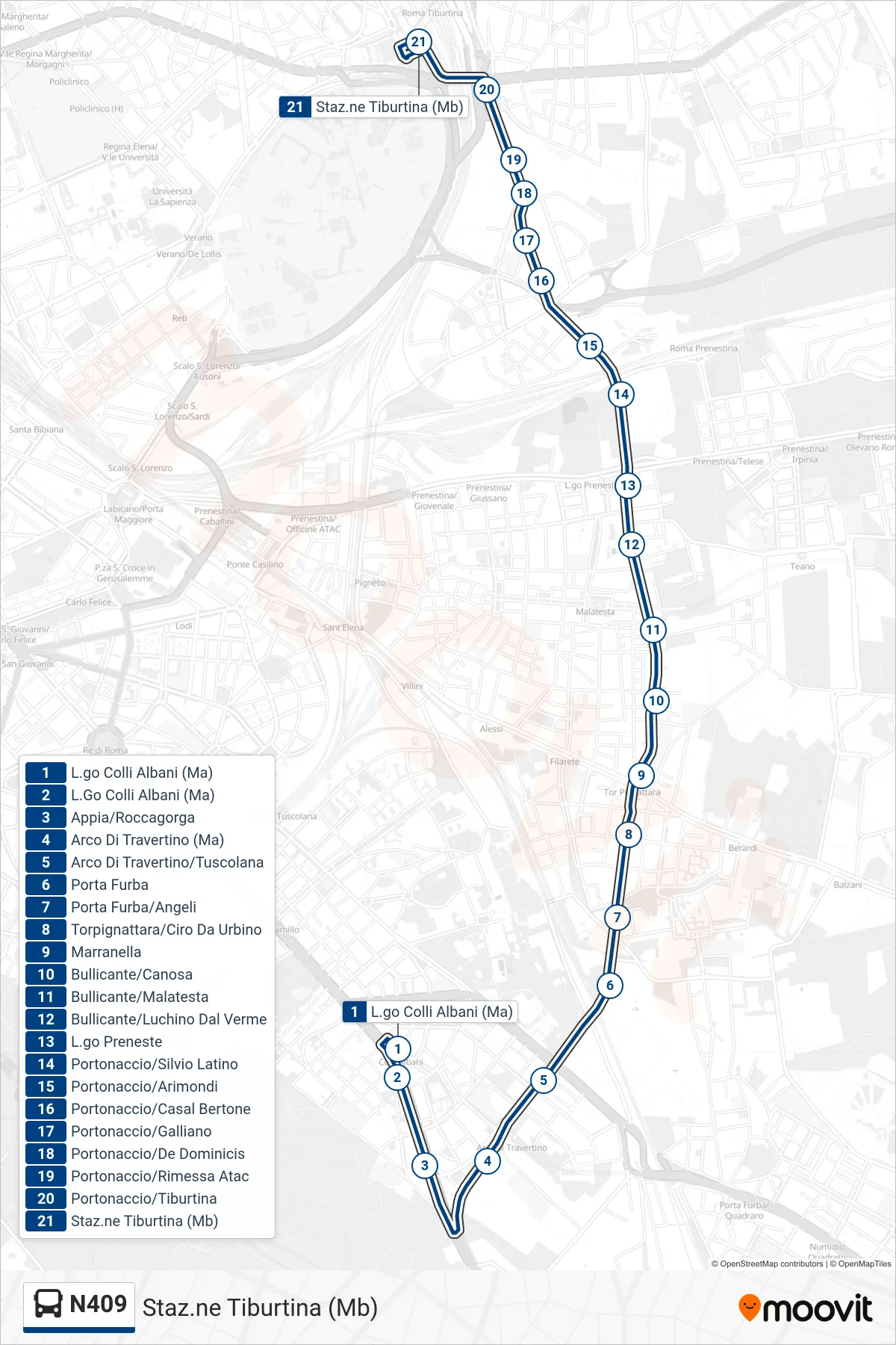 Linea N409 bus (Staz.ne Tiburtina (Mb)) - Percorsi e fermate sulla mappa
