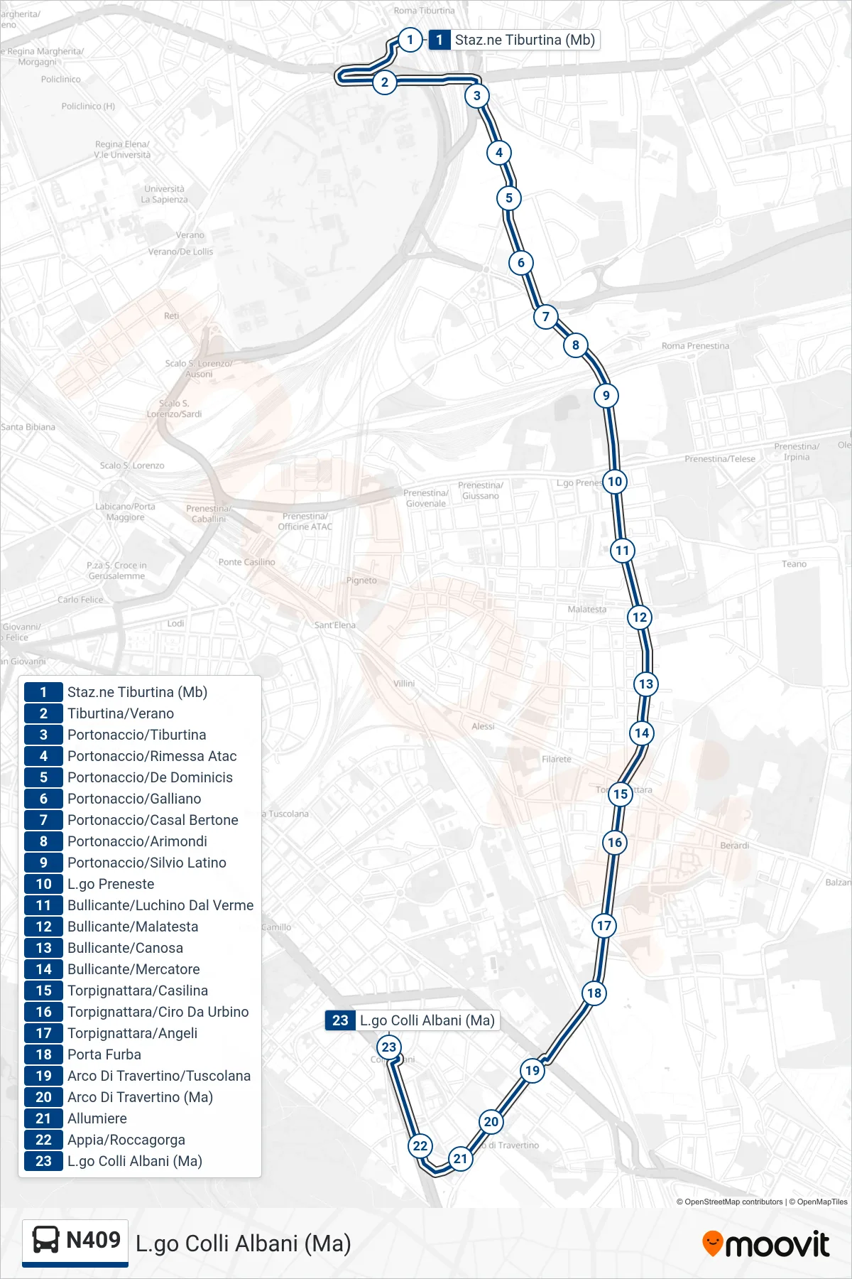 Linea N409 bus (L.go Colli Albani (Ma)) - Percorsi e fermate sulla mappa