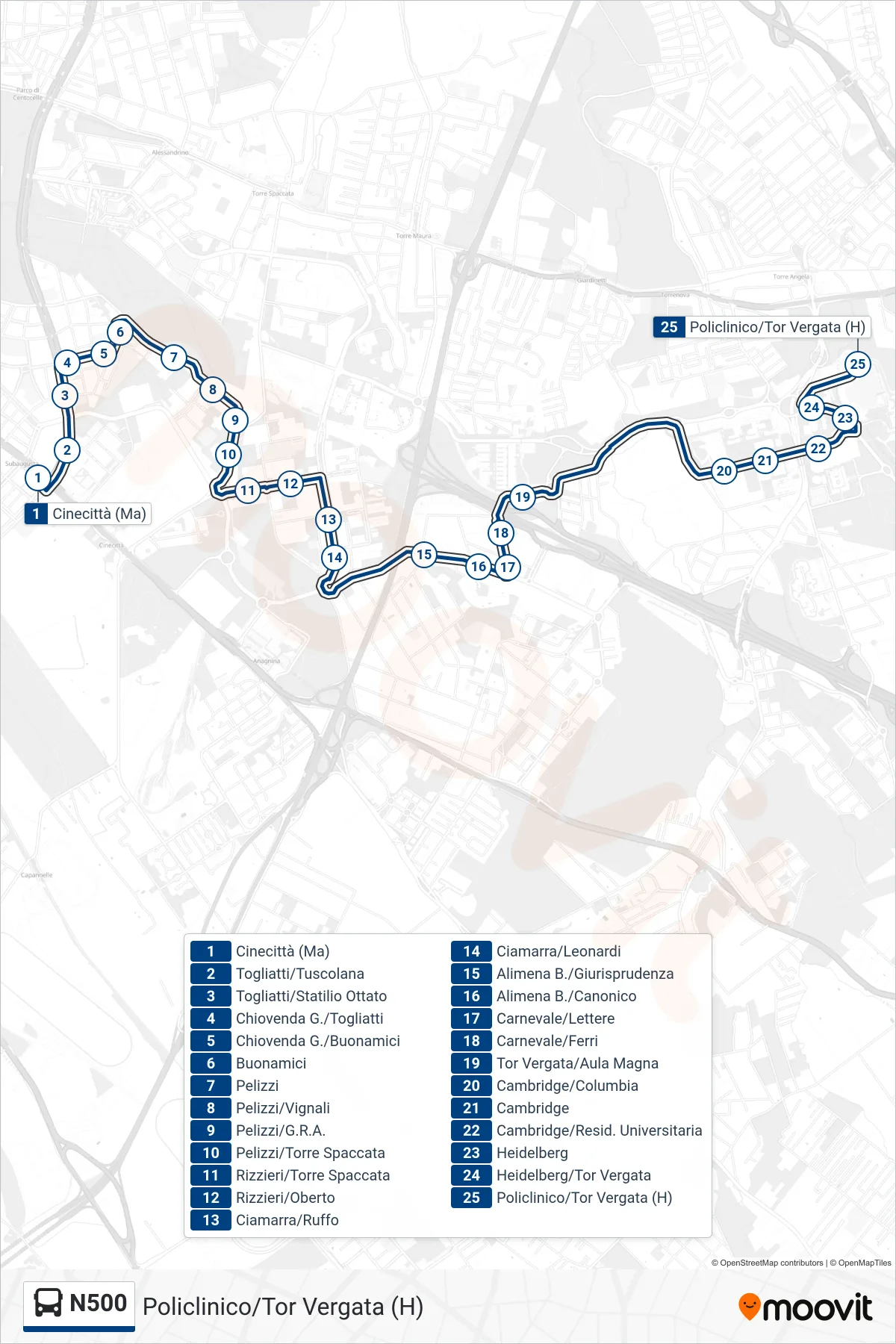 Linea N500 bus (Policlinico/Tor Vergata (H)) - Percorsi e fermate sulla mappa