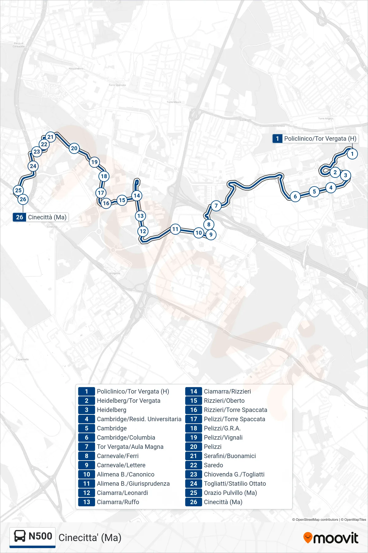 N500 bus Line (Cinecitta (Ma)) route and stops on a map