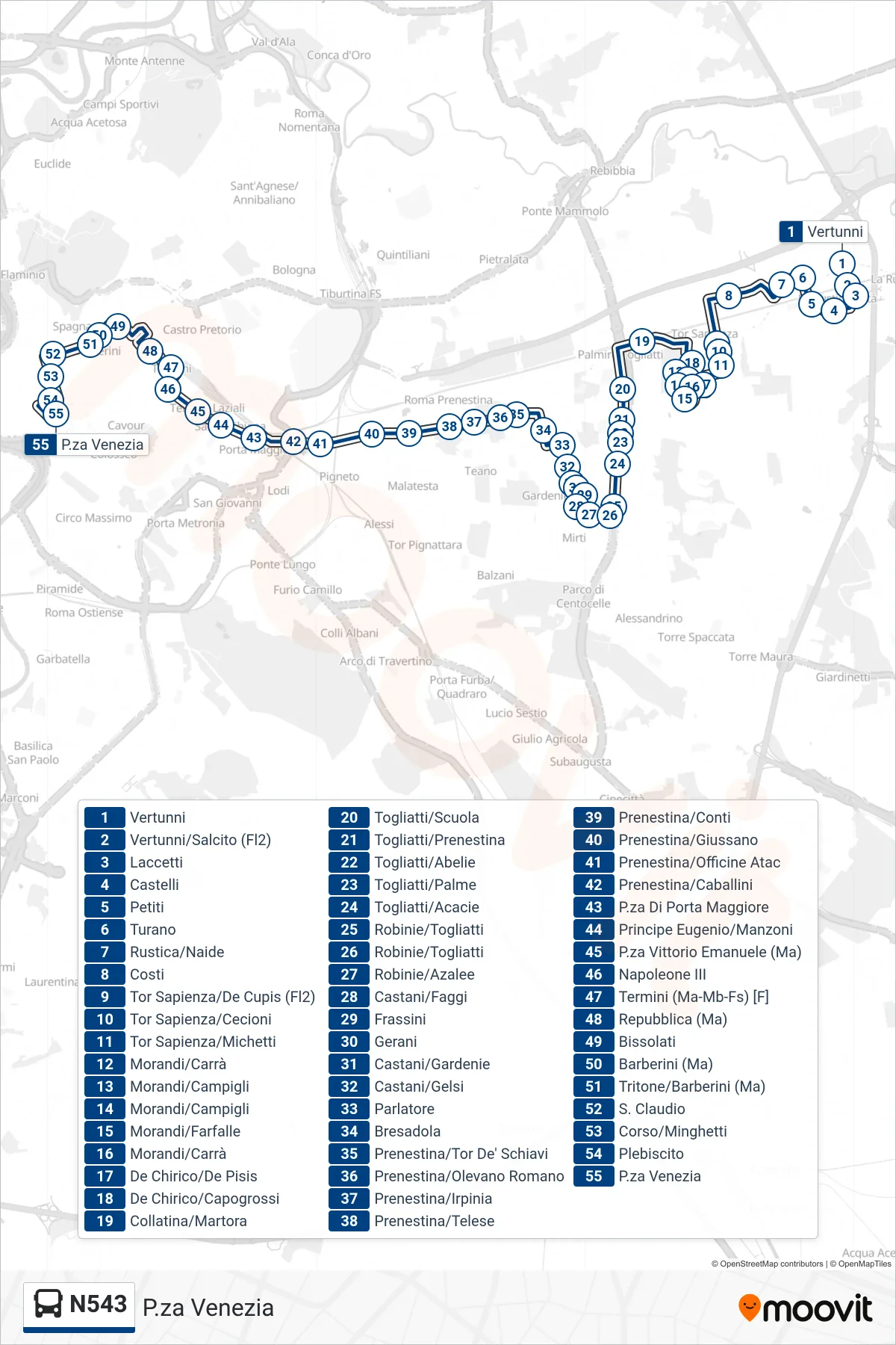Linea N543 bus (P.za Venezia) - Percorsi e fermate sulla mappa