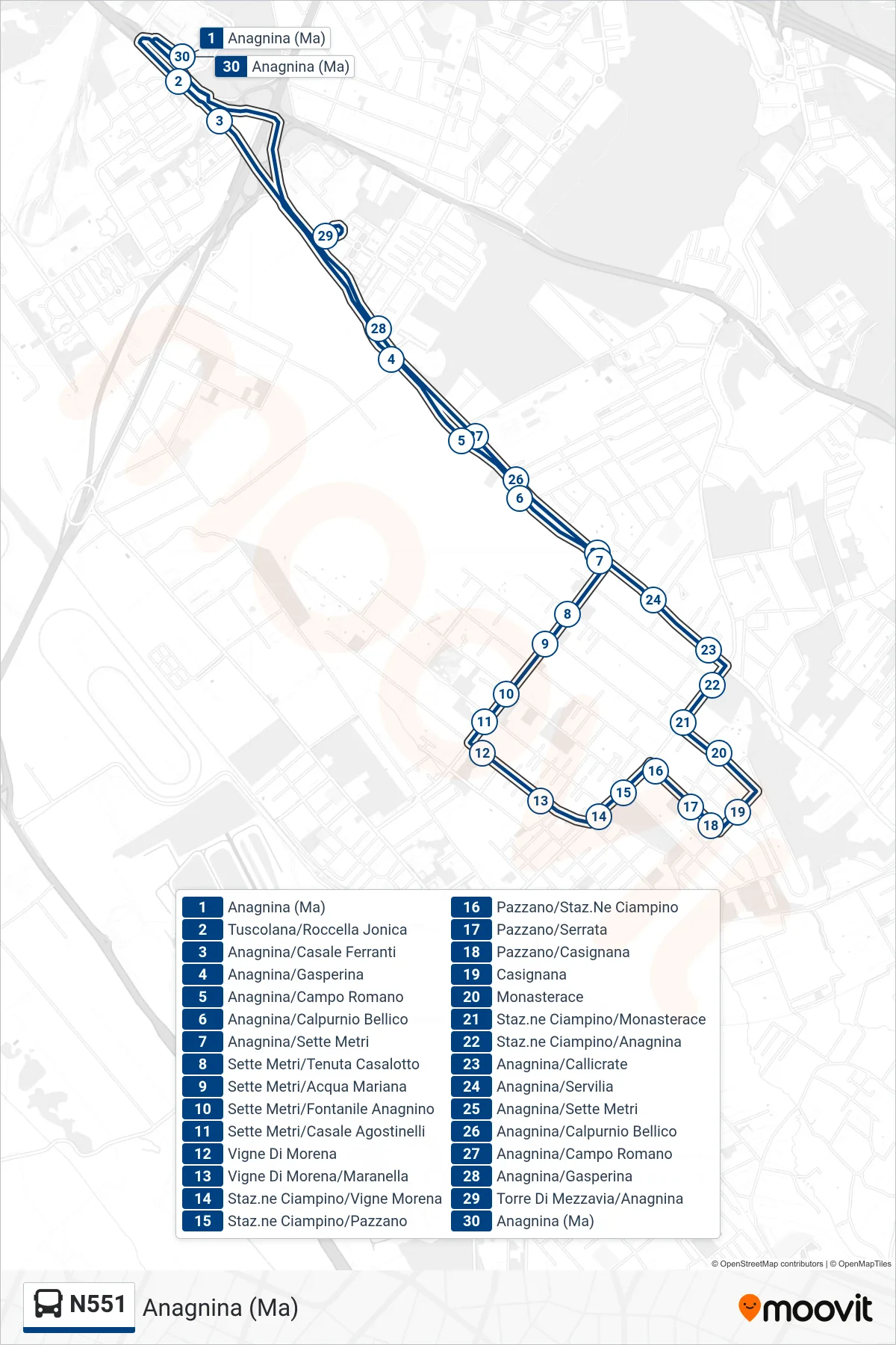 Linea N551 bus (Anagnina (Ma)) - Percorsi e fermate sulla mappa