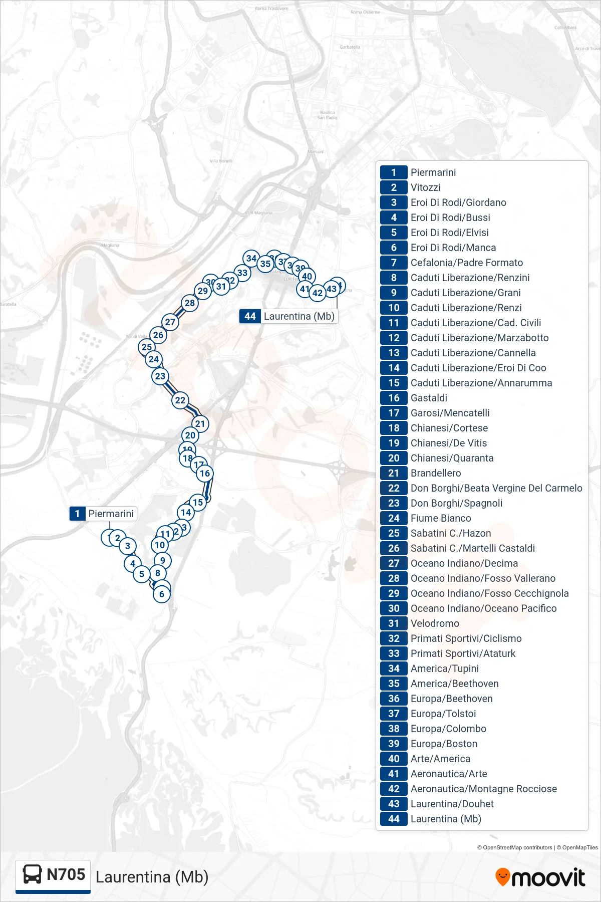 Linea N705 bus (Laurentina (Mb)) - Percorsi e fermate sulla mappa