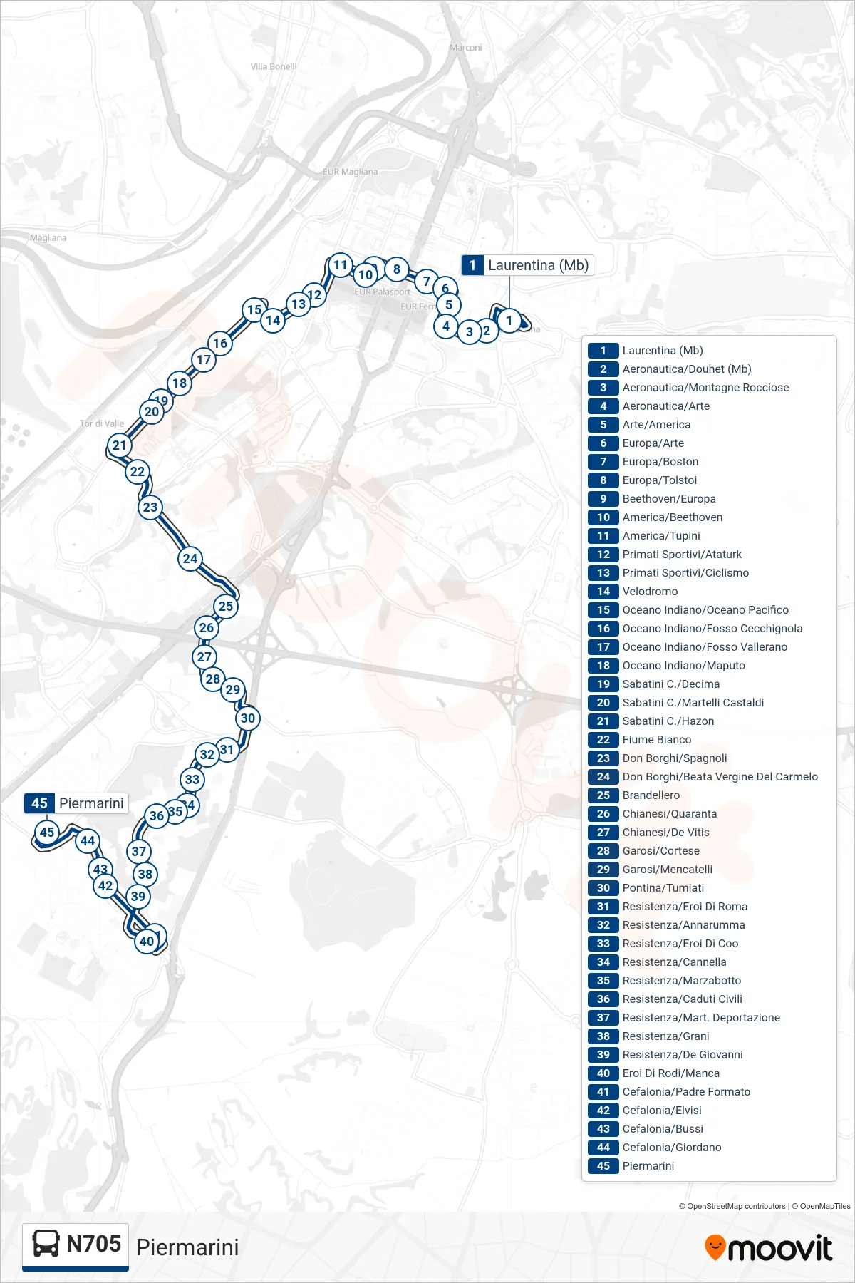 Linea N705 bus (Piermarini) - Percorsi e fermate sulla mappa