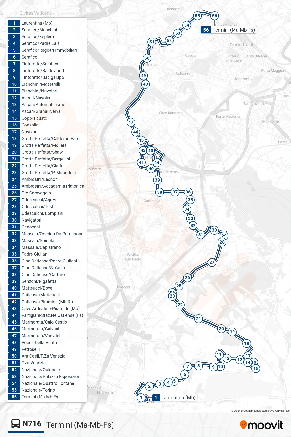Linea N716 bus (Termini (Ma-Mb-Fs)) - Percorsi e fermate sulla mappa